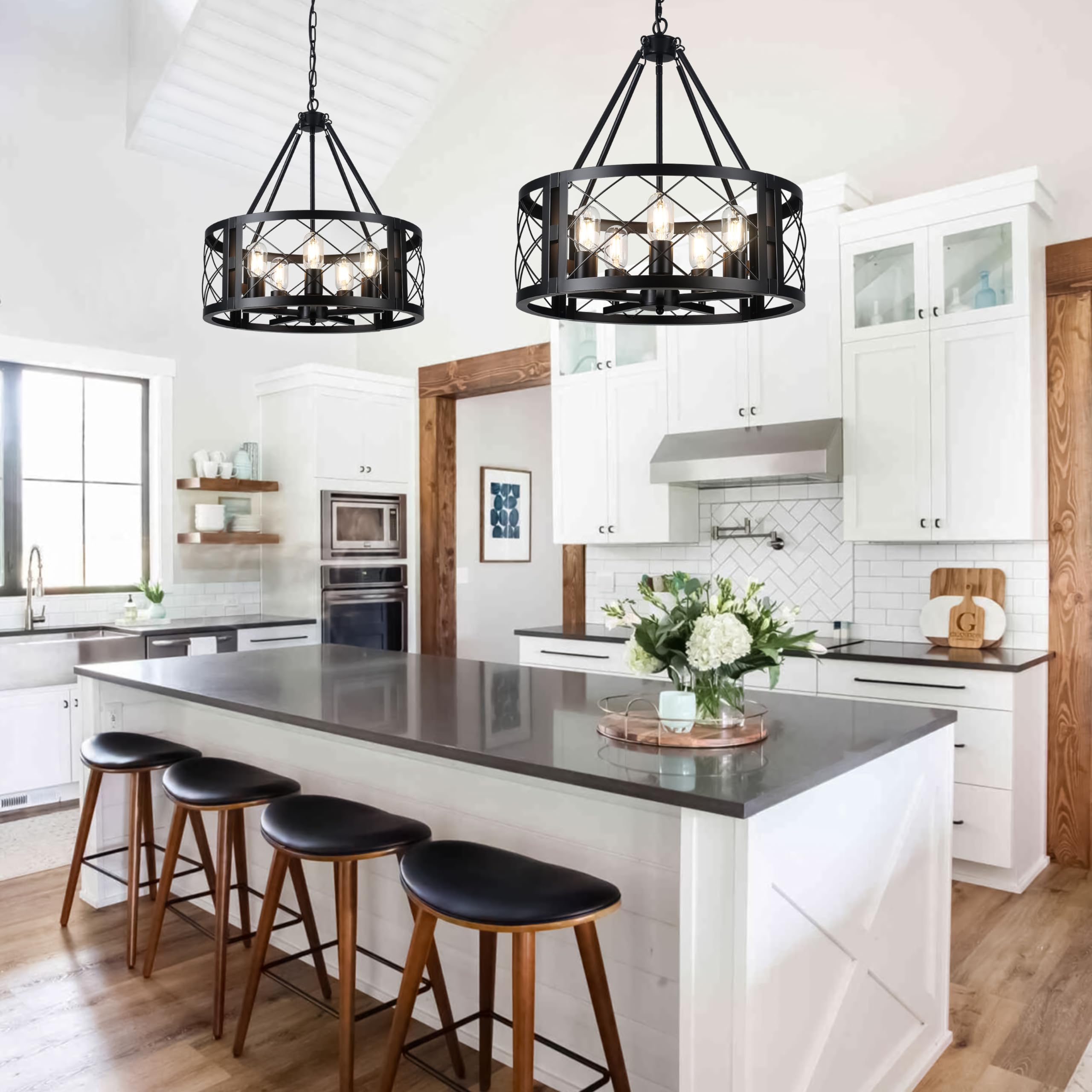 Corlaceling 5-Light Black Farmhouse Chandelier, 19.8" Round Pendant Lighting for Dining Room, Entryway, Hallway, Bedroom
