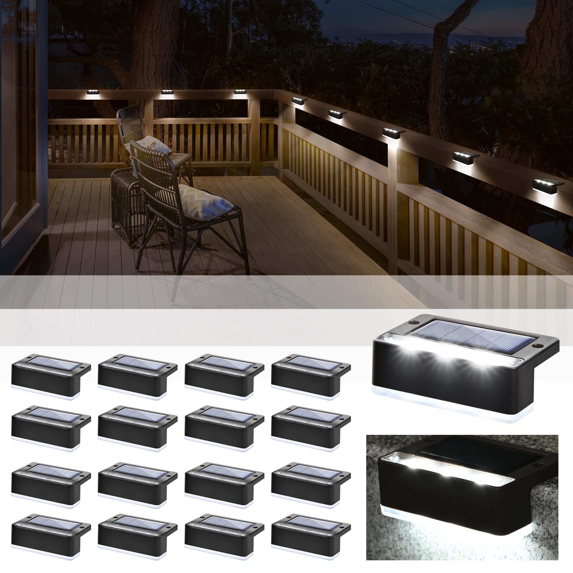 SOLPEX Solar Fence Lights, 6 LED Waterproof Outdoor Lights, 16 Pack, Cold White, Black, Model 8544