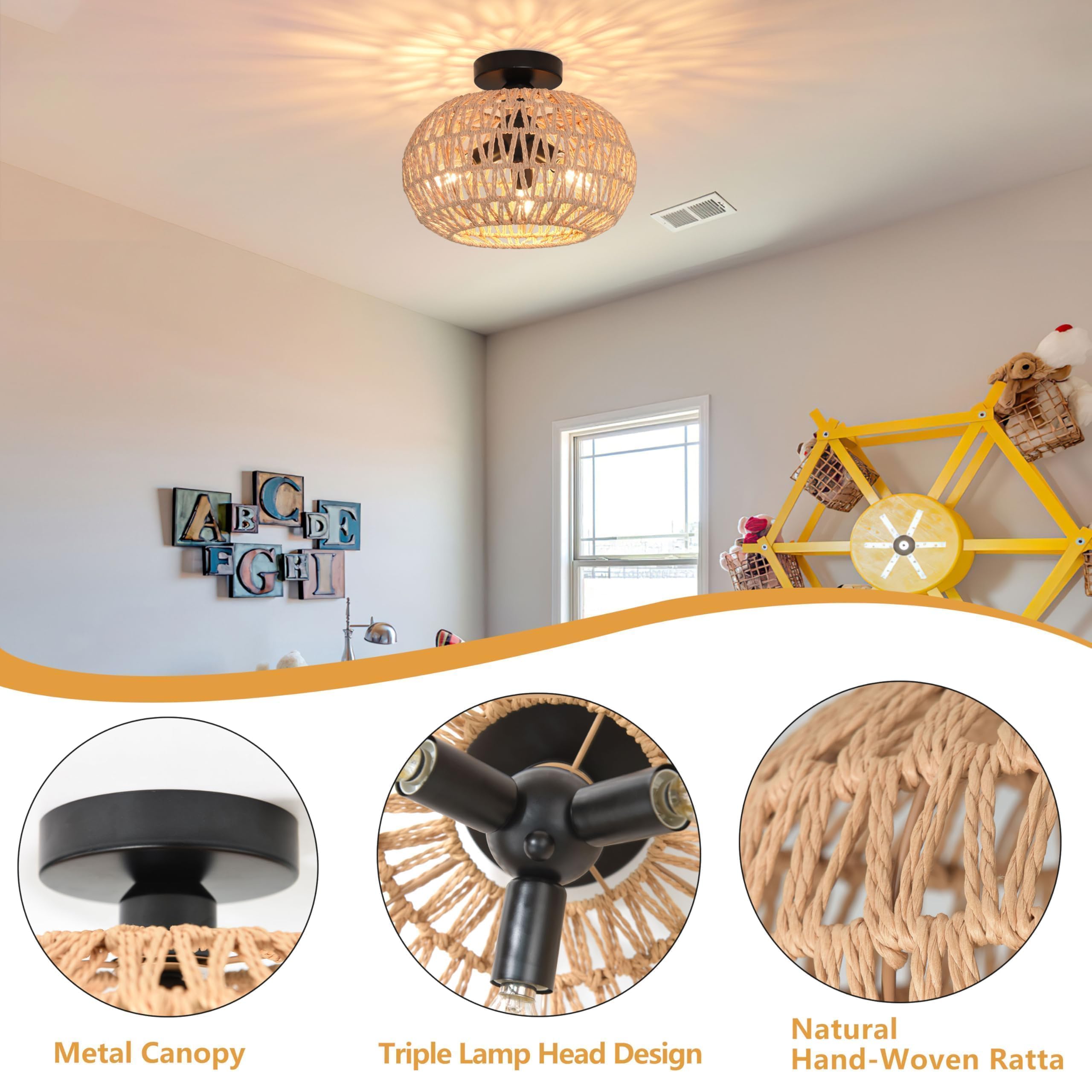 Ayshwilldec 11.8'' Rattan Ceiling Light Boho Light Fixtures Ceiling 3-Lights Boho Semi Flush Mount Ceiling Light Rattan Close To