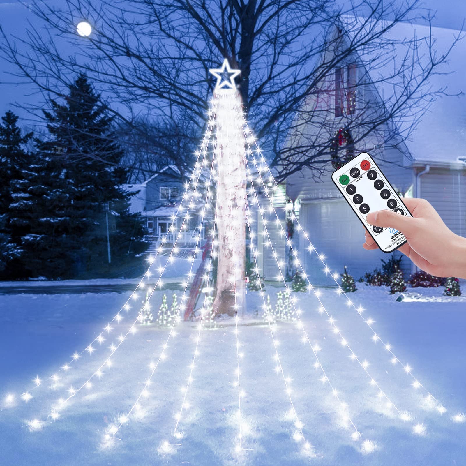 Decute Christmas Decorations Outdoor String Lights 8 Modes and Timer with Remote, Waterproof 320 LED Christmas Tree Lights Star