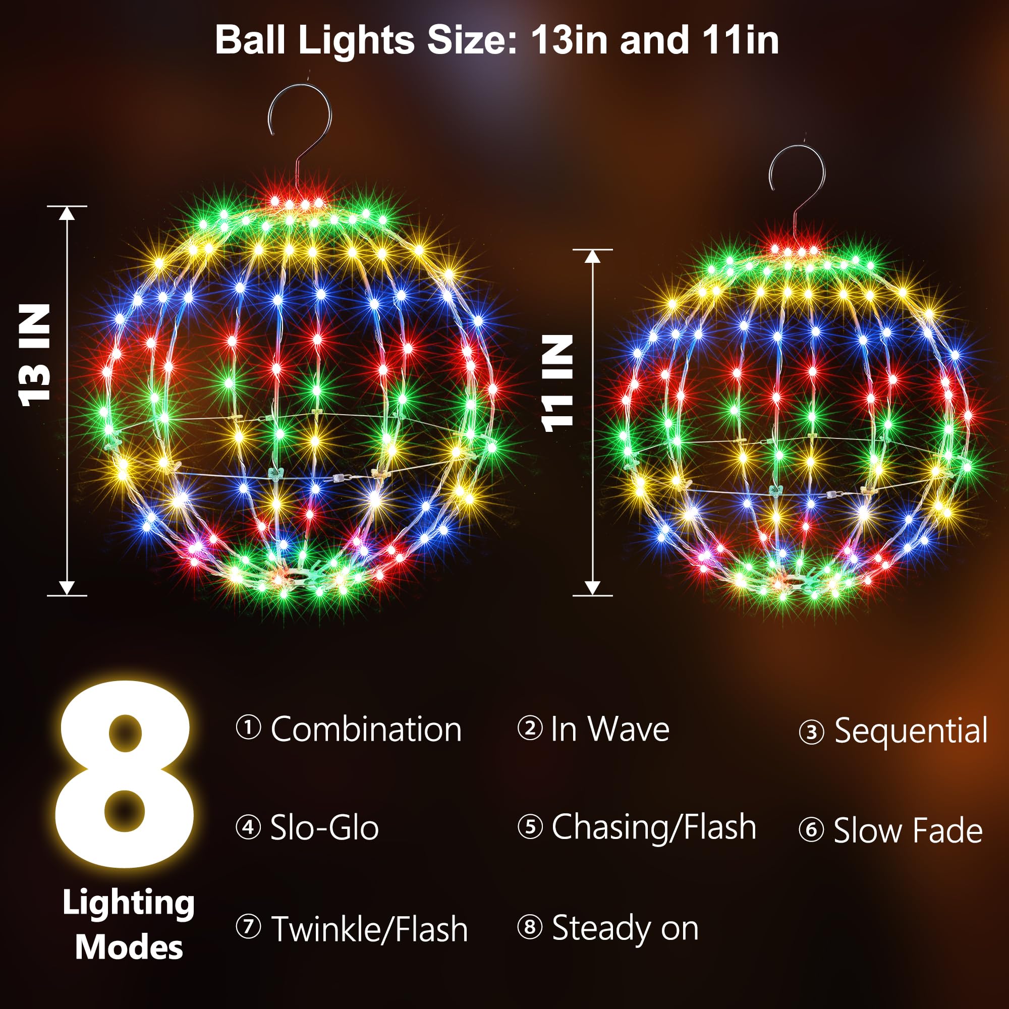 Joomer Christmas Solar Ball Lights  13In & 11In Foldable Metal Sphere Lights Waterproof 8 Modes With Hook  Solar Powered Hanging Globe Light For Outdoor Christmas Decor (2 Pack  Multicolor)