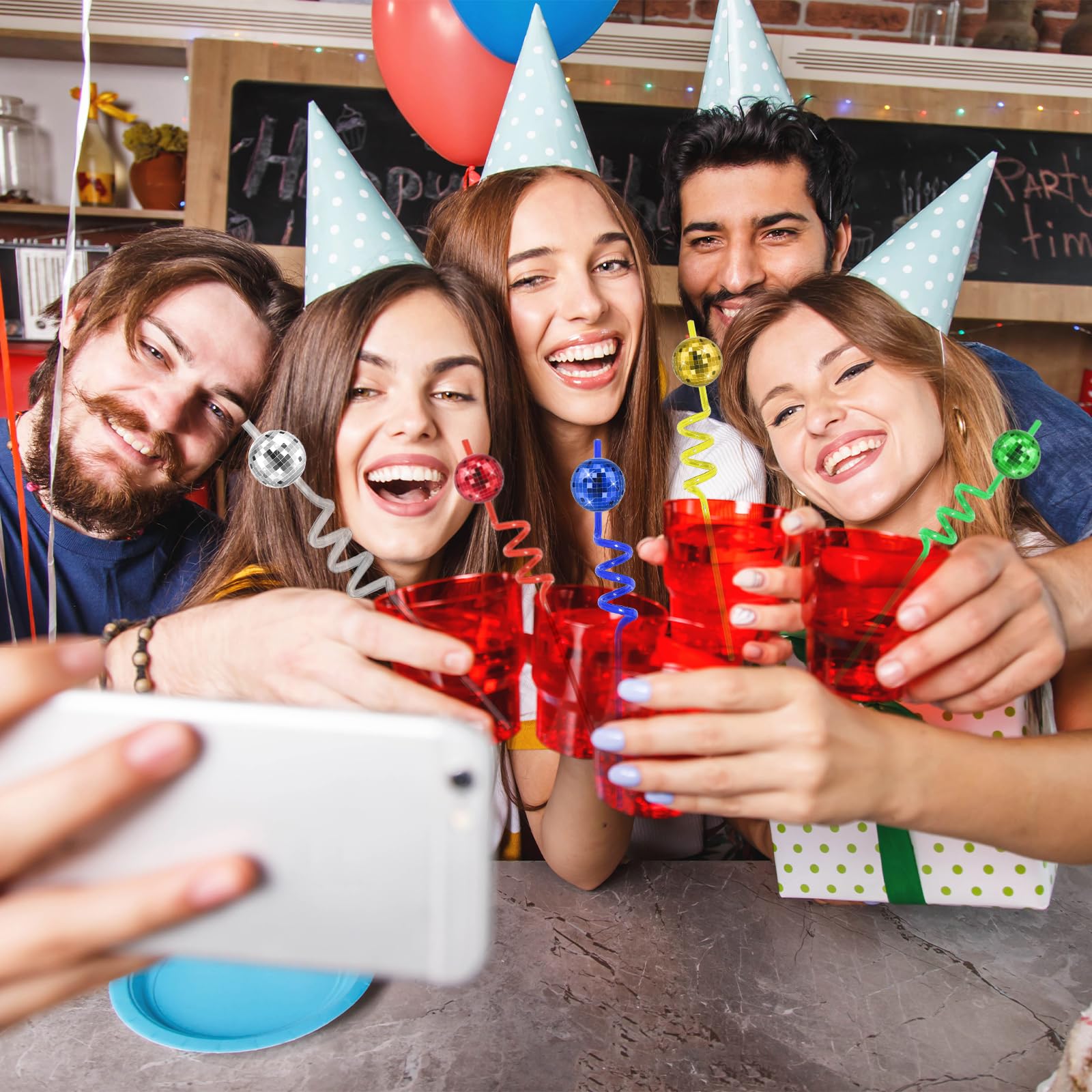 36 PCS Disco Ball Straws, Silver Mirror Ball Straws, Disco Reusable Plastic Straws, Mini Disco Straw Decor for 70s Disco Party D