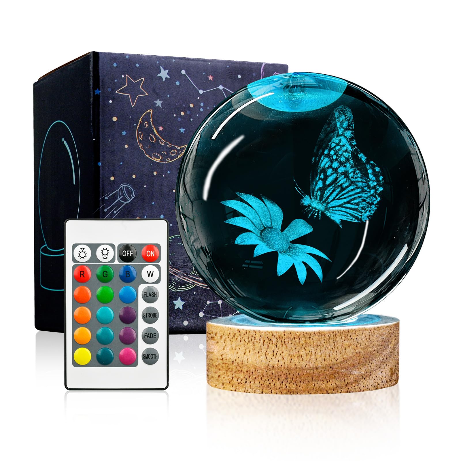 YYLZEPHB 3D Crystal Ball Night Light with Wooden Base, 3.15'' Butterfly & Flower Figurine Glass Lamp with 16 Colors, Cute Desk D