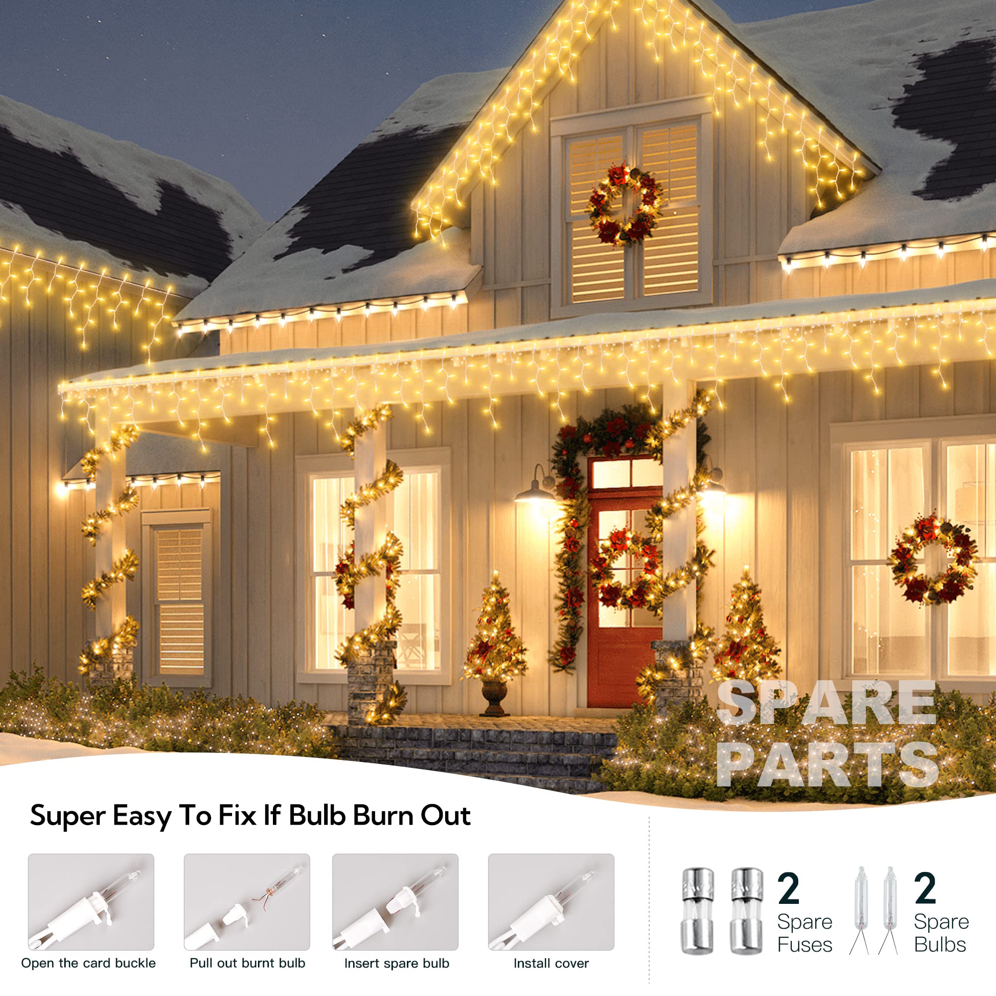 BEEWIN 200 Christmas Icicle Lights, Warm White, 23FT White Wire, Model QX-50-4-C, Indoor/Outdoor Decor