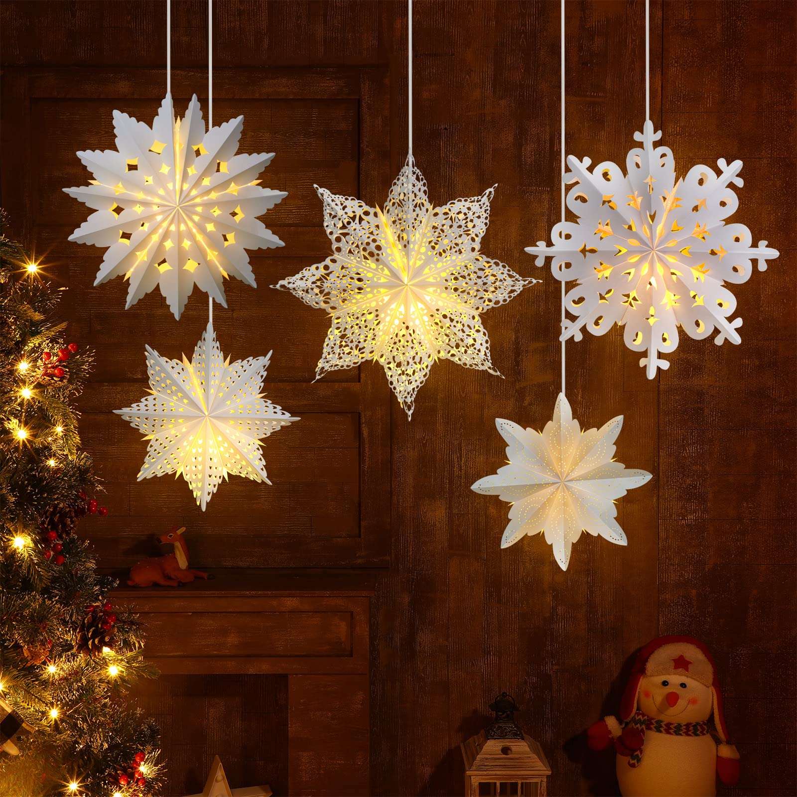 Mudder Christmas Snowflake Lanterns - 5 Pieces, White, CL-TOOLS-C9875, Hanging Decor for Parties, Weddings, and Holidays