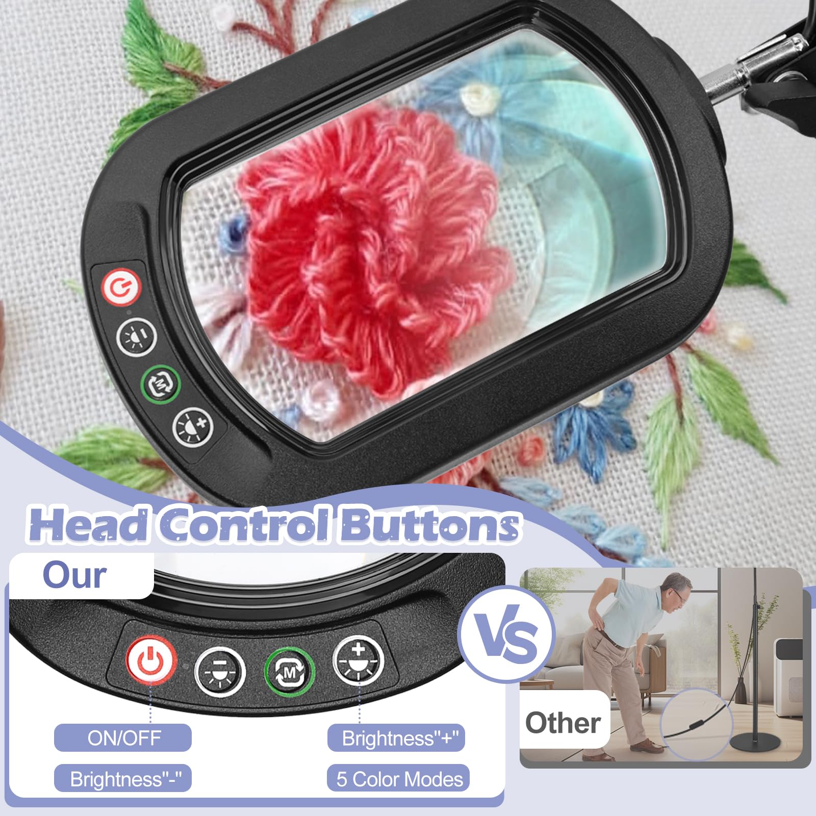 10X Rectangle Magnifying Glass With Light And Stand, 5*3 Inch Real Glass 5 Color Modes Stepless Dimmable Arm Swing Led Floor Lam