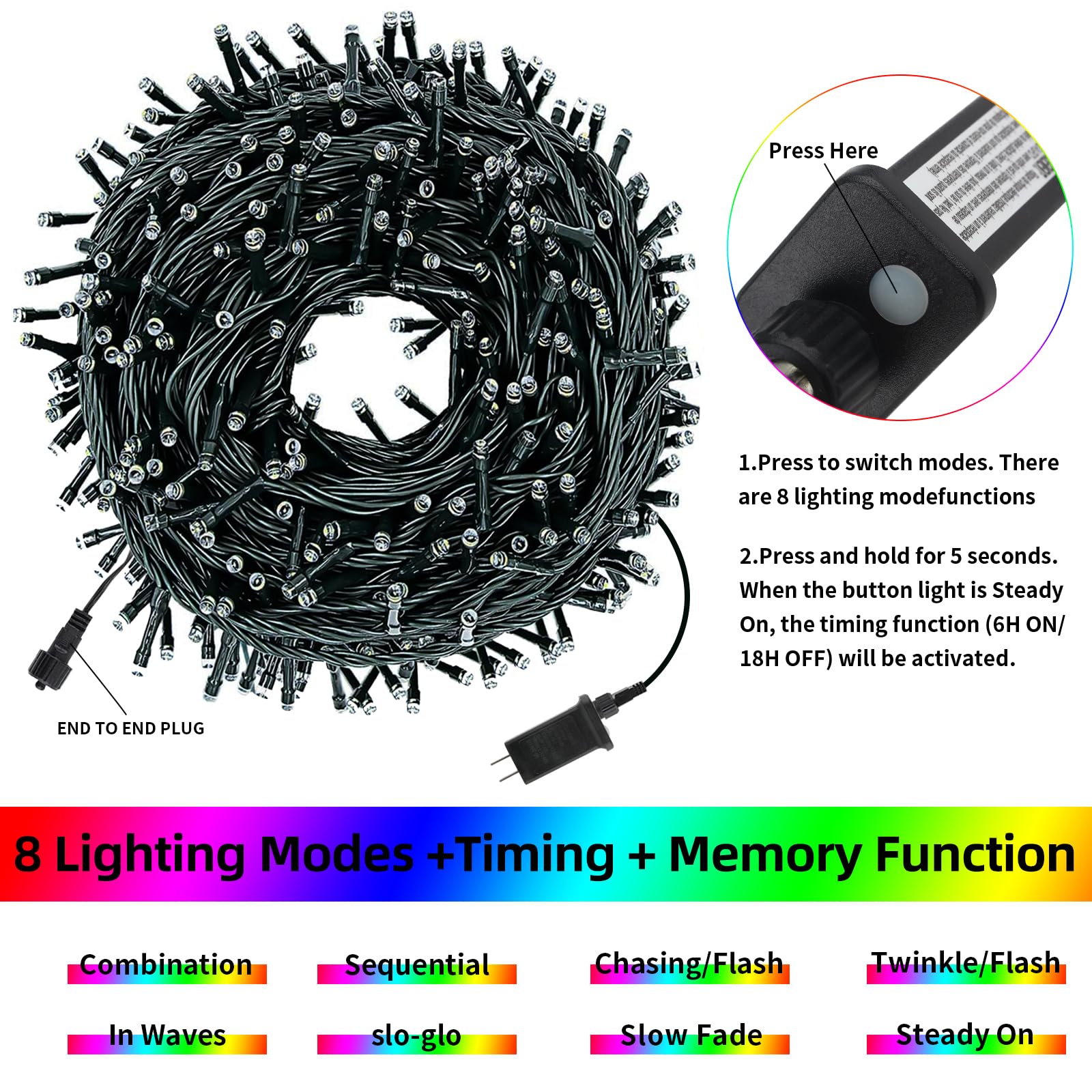 Chuya Christmas String Lights, 500 LED Multicolor Fairy Lights, 164FT, Waterproof, Timer, Remote, 8 Lighting Modes, Model QL300AE