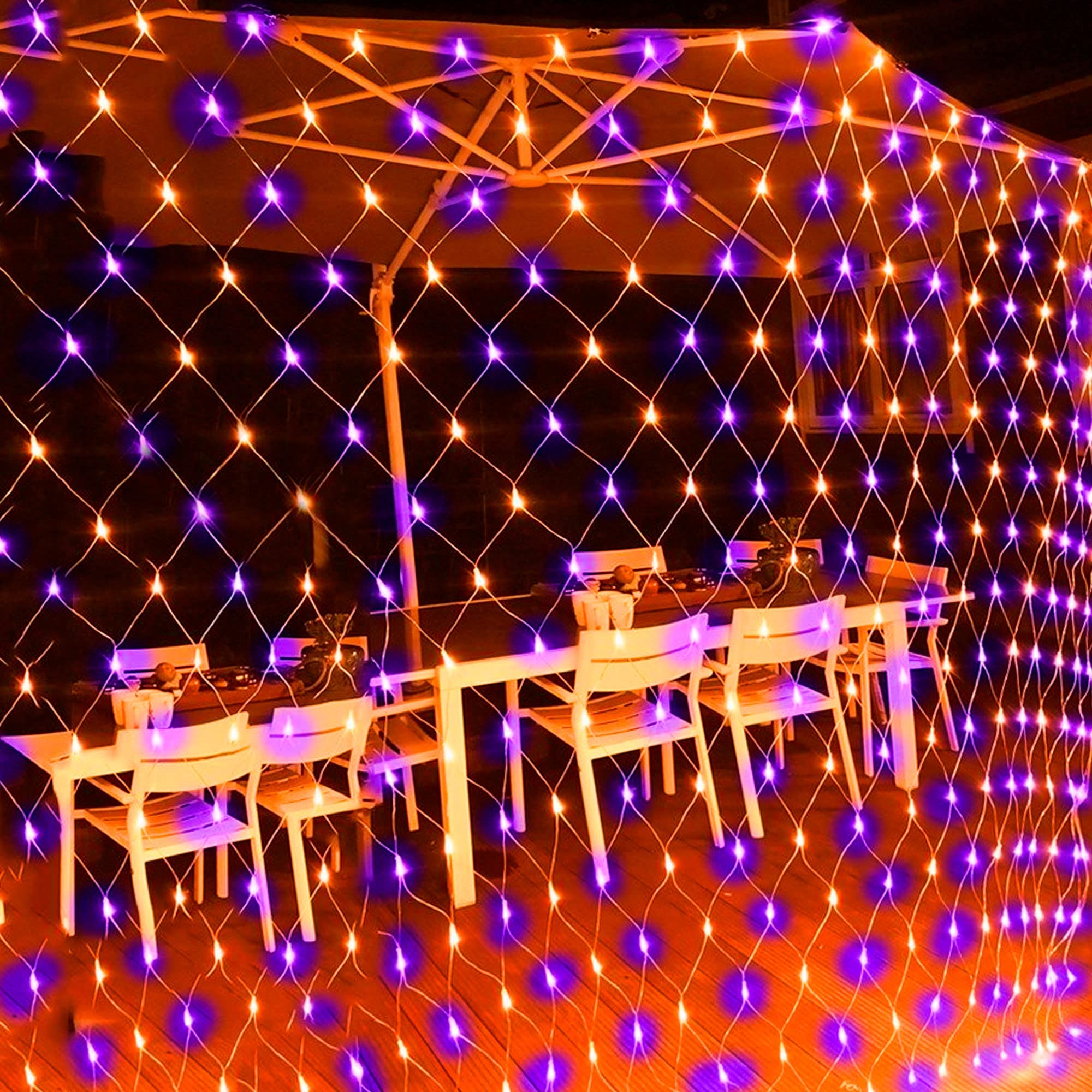 Dazzle Bright 360 LED Net Lights, Waterproof 12FT x 5FT, 8 Modes, Purple & Orange, Model HB-360WCOI, Clear Wire