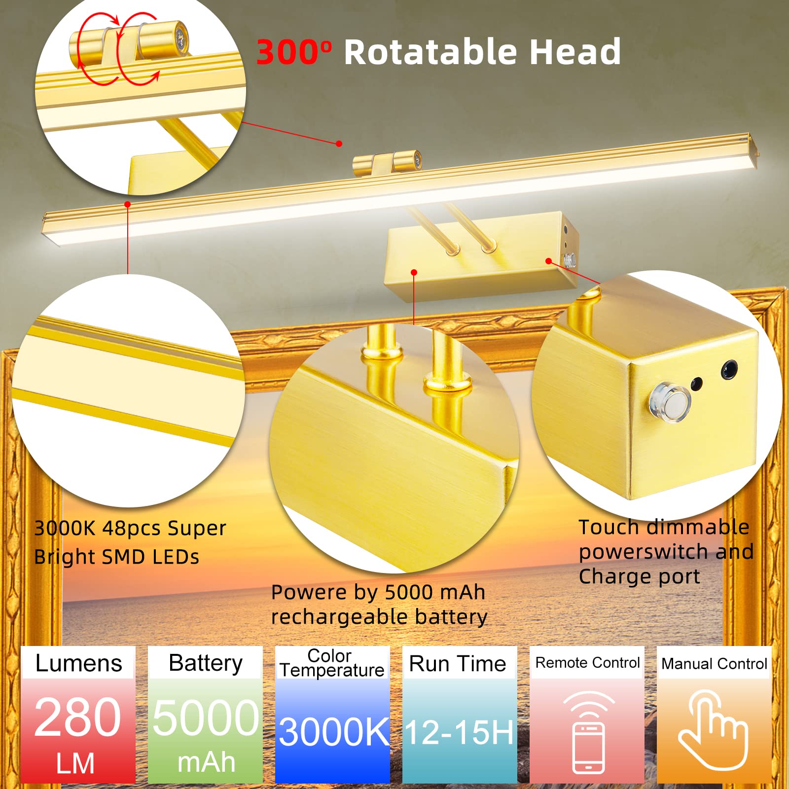 Funchday 16 Battery Operated Picture Light - Brass Metal Art Light With Remote, Timer & Dimmable - Model Fc70155P