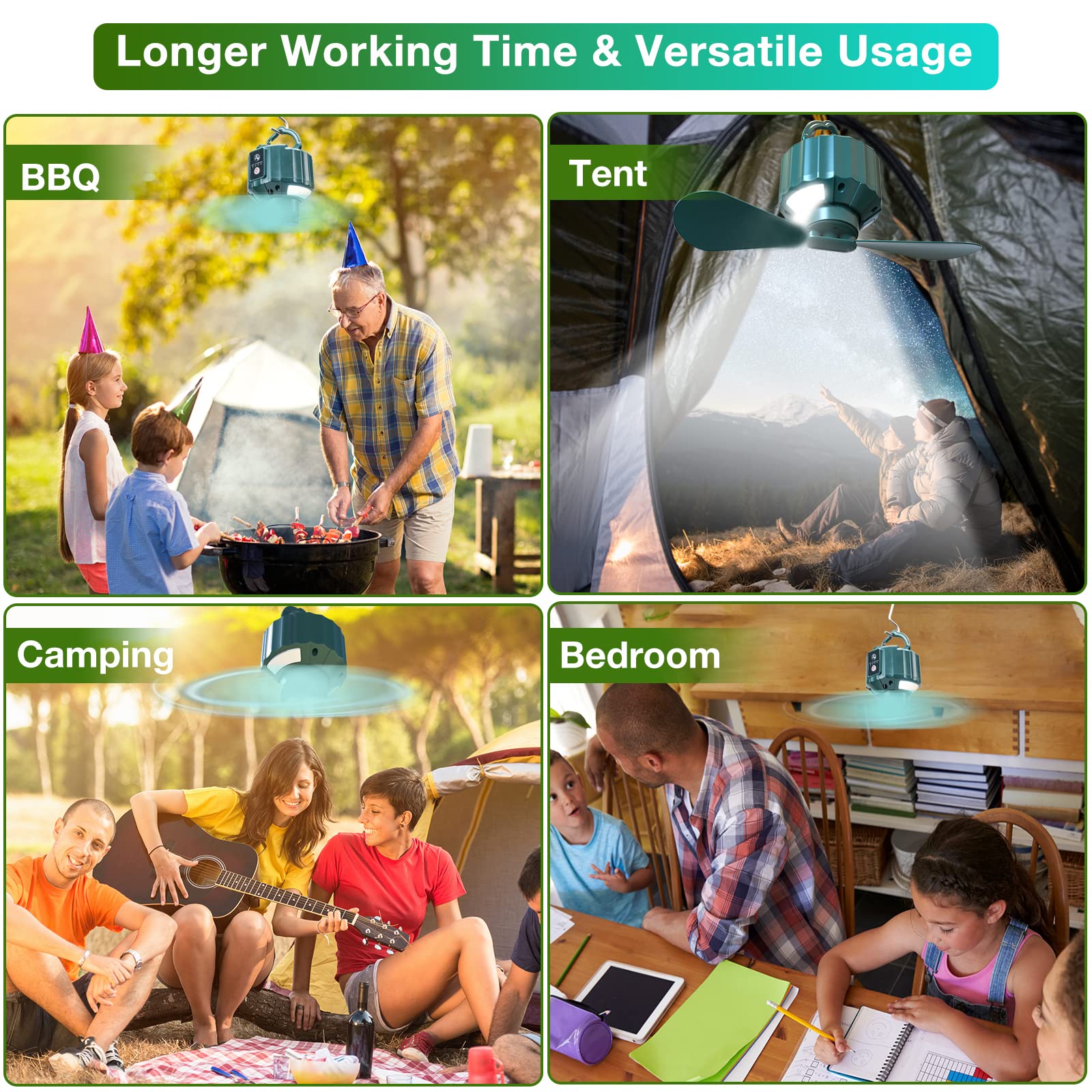 DUKUSEEK Portable Tent Ceiling Fan with Light & Remote, Small Green, USB Battery Operated, Model X15, Perfect for Camping & RV