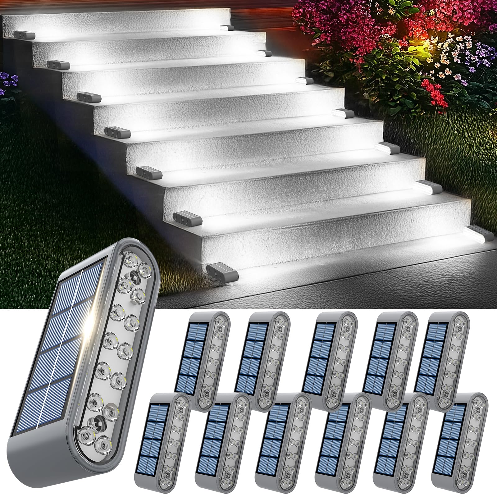 Xillumi Core Solar Step Lights For Outside  12-Pack Stair Light Outdoor Waterproof Ip67  14 Led Cool White Light Solar Powered Lighting For Steps  Stairs  Deck  Patio  Walkway  Front Porch Decor