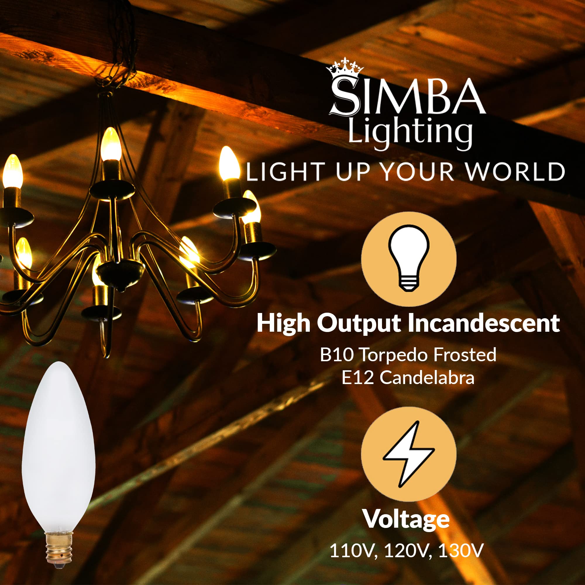 Simba Lighting Candelabra Torpedo Frosted B10 25W E12 Base (12 Pack) Decorative Incandescent Light Bulbs 120V For Chandeliers  Ceiling Fan Lights  Pendants  Wall Sconces  Dimmable  Warm White 2700K