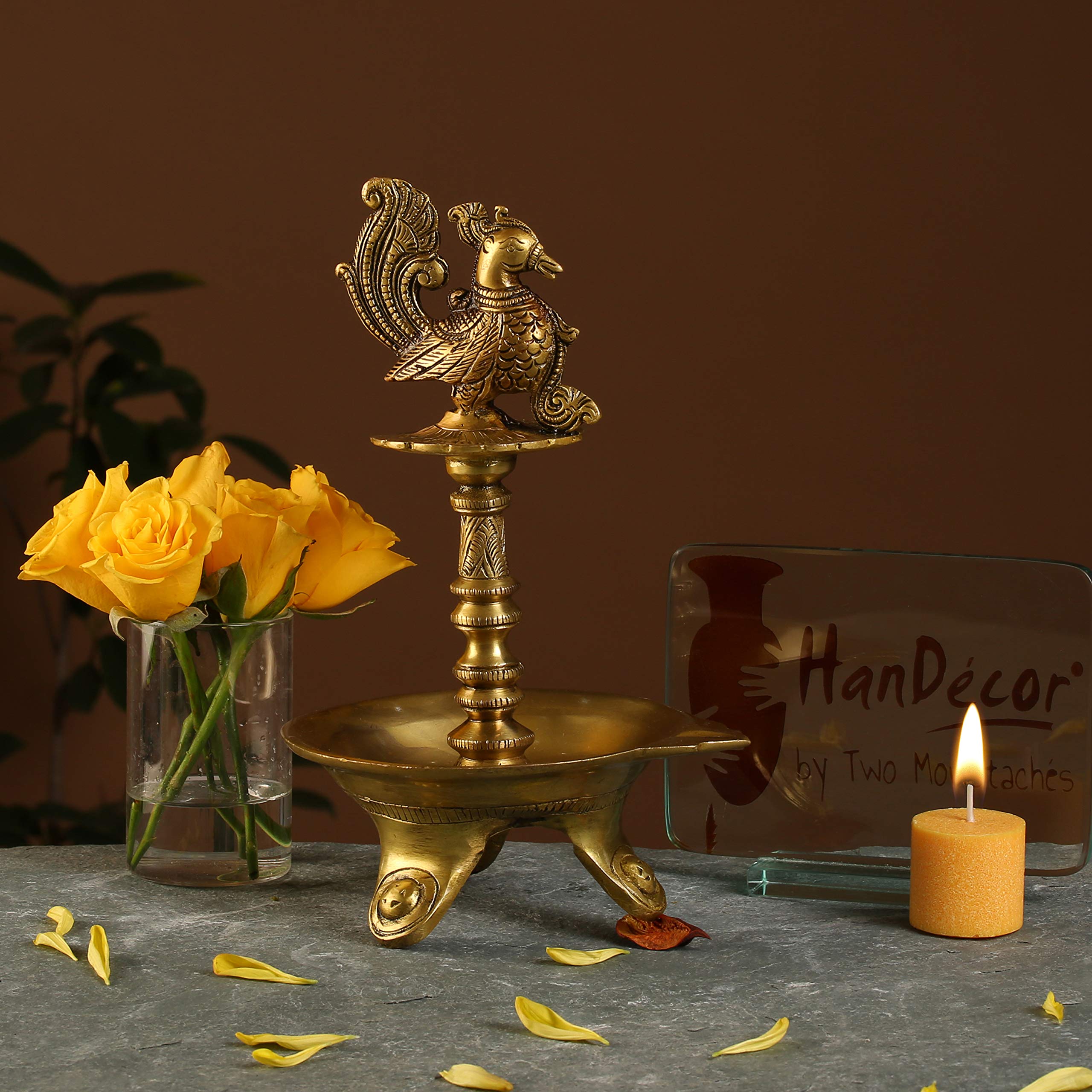 Two Moustaches Brass Peacock Design Oil Diya with Base for Home Decor, 1.5 Kg, Yellow, Standard, Pack of 1