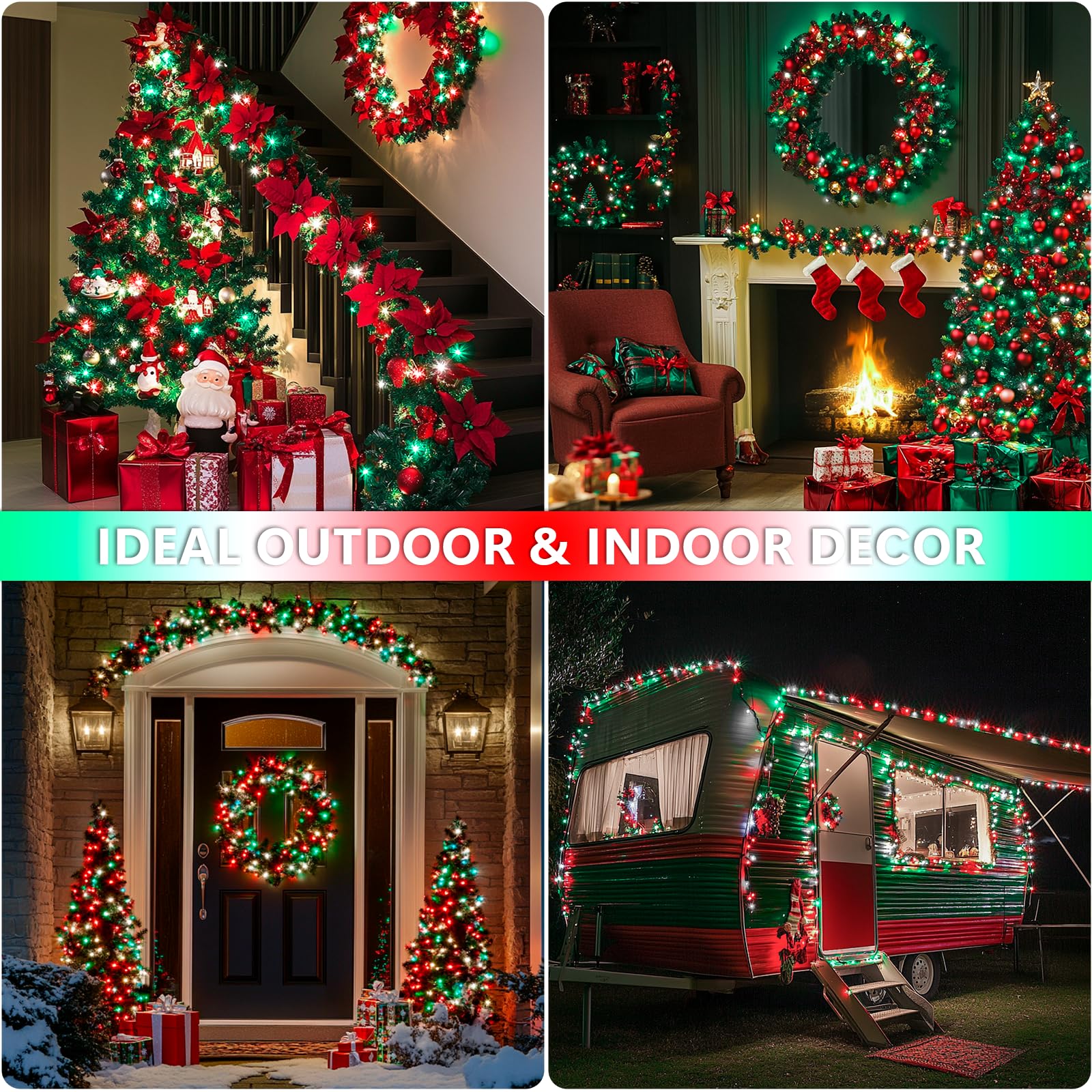 Led Christmas Lights Outdoor Waterproof - 200 Red White And Green String Lights Indoor Clear Wire - 8 Modes 66Ft Extendable Fair