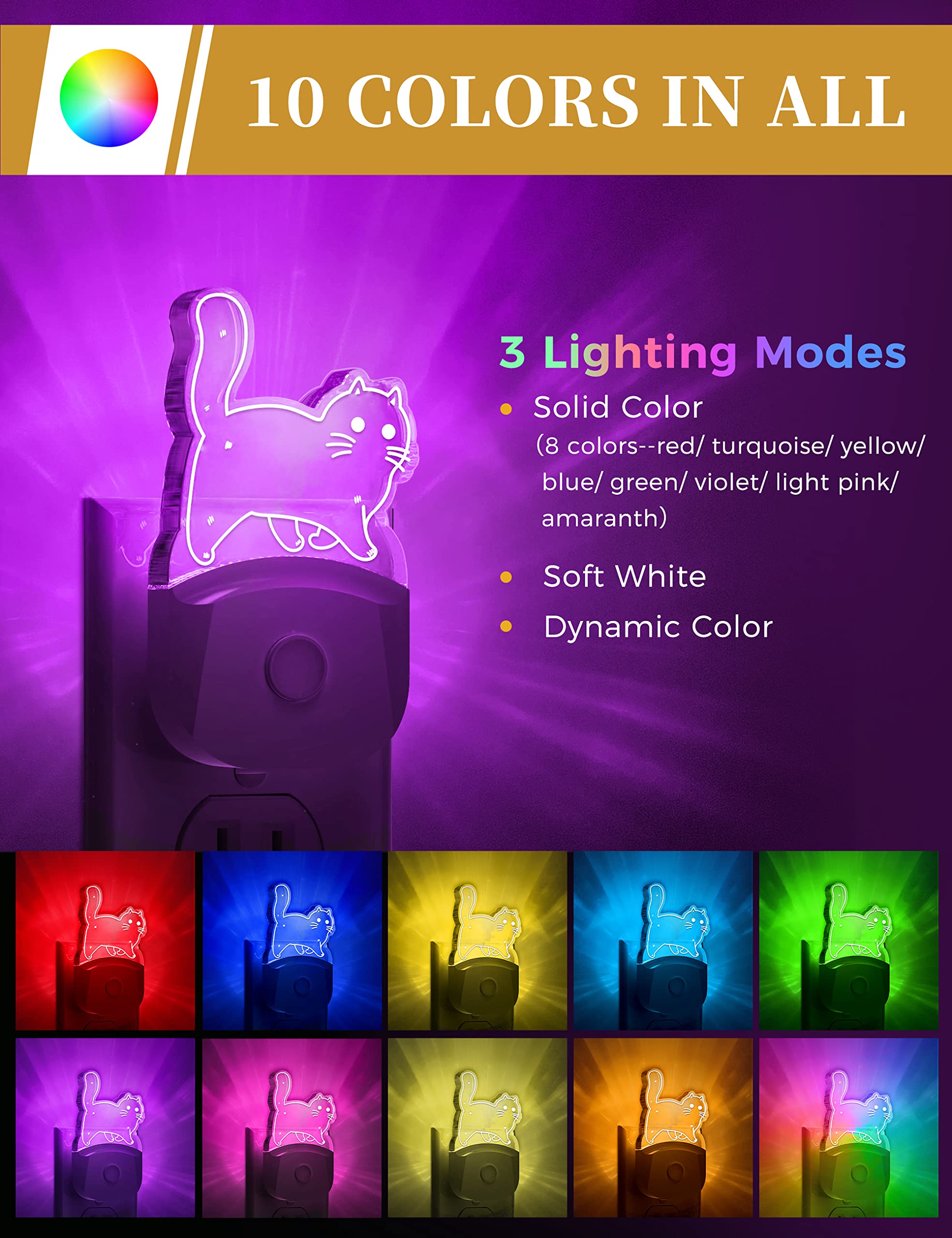 DORESshop Cat Night Light 2 Pack, 8-Color RGB, Acrylic, Plug-in, Dusk-to-Dawn Sensor, Cute Room Decor for Kids