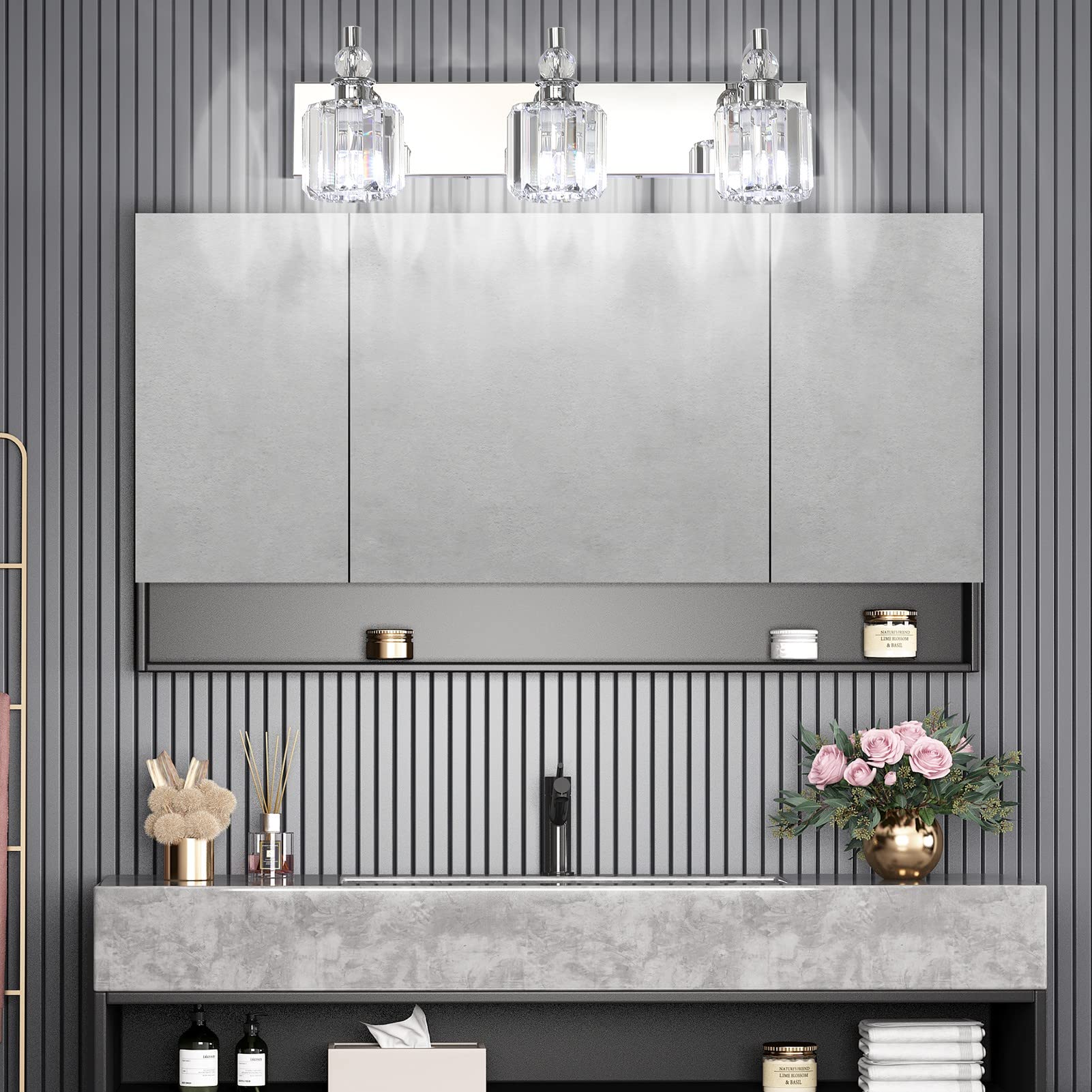 Ralbay 3-Light Crystal Vanity Light Fixtures, 24 Chrome Stainless Steel, Model 8605 For Modern Bathroom Wall Lighting