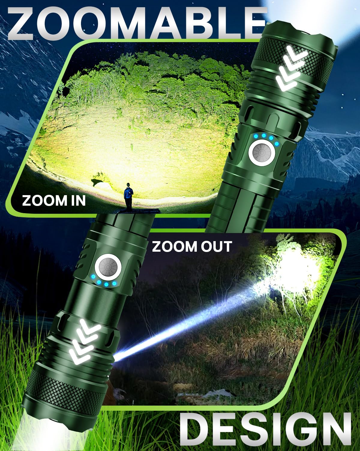 Victoper Green Led Flashlights, High Powered High Lumens Super Bright Tactical Flashlight, Rechargeable, 5 Modes Zoomable Waterp