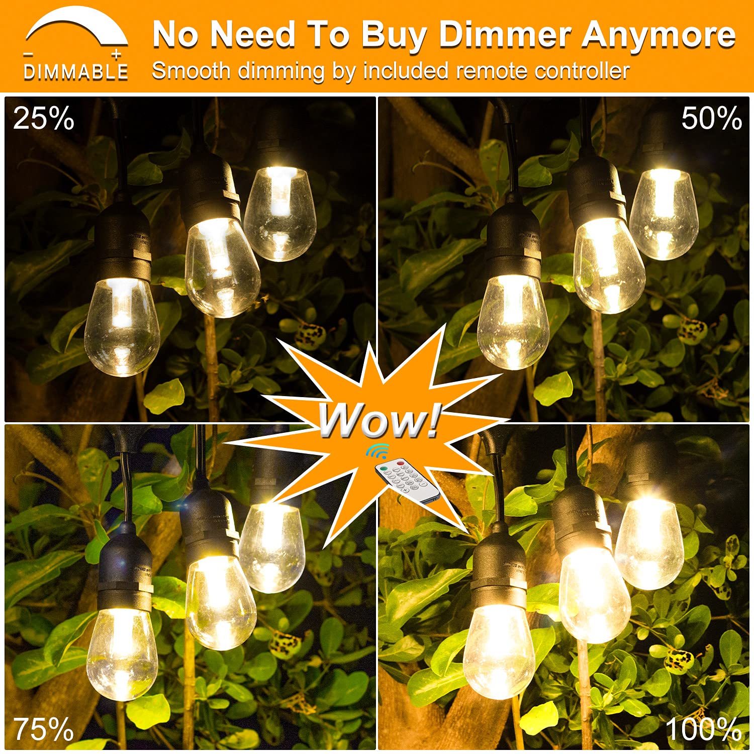Mlambert 48Ft Outdoor Led String Lights, Dimmable Waterproof Edison Bulbs With Remote, Black