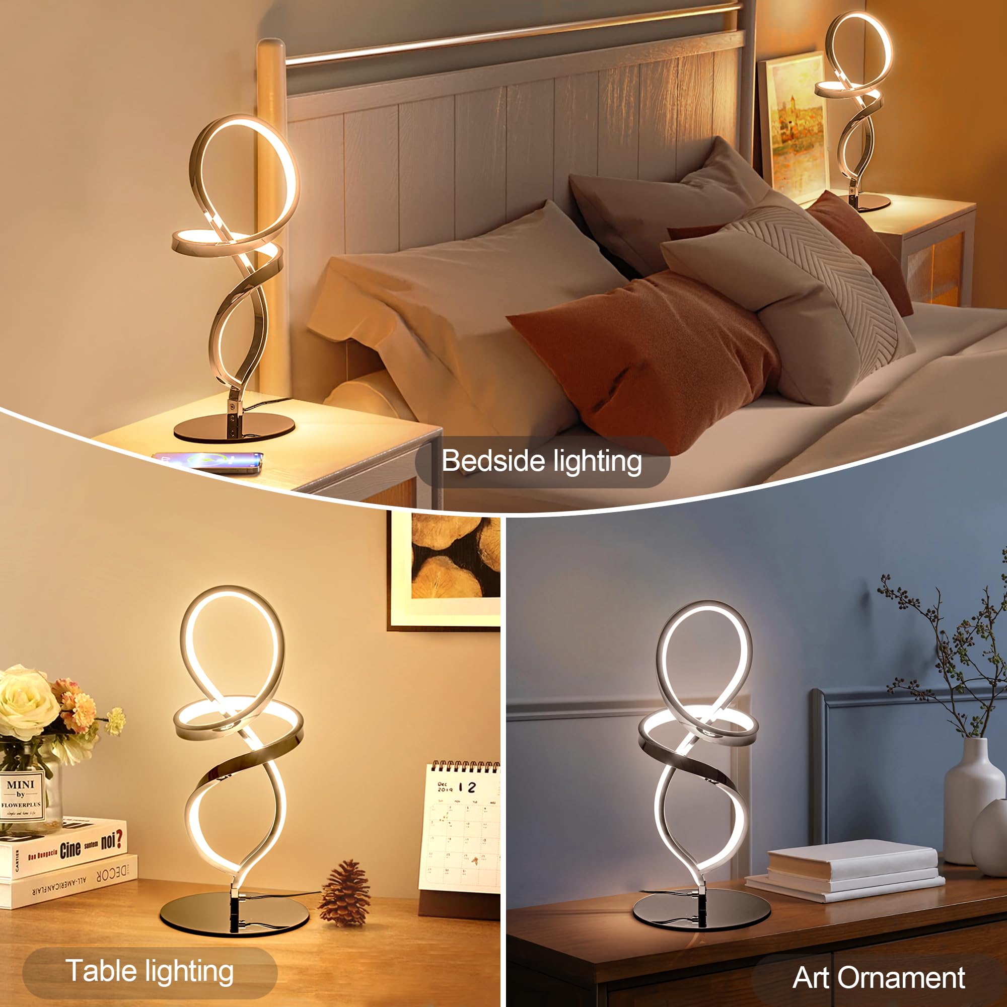 Mayful LED Spiral Table Lamp, Stepless Dimming, Chrome, 12W, 3200K Warm White, Modern Bedside Lamp for Bedroom & Living Room, Model 6606-1