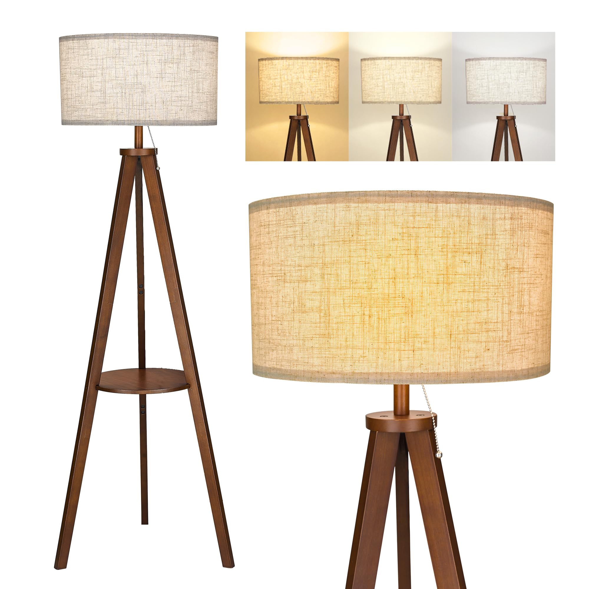 Elyona Solid Wood Tripod Floor Lamp 3 Color Temperatures Led Blub Tall Standing Light With Table Mid Century Modern Corner Readi