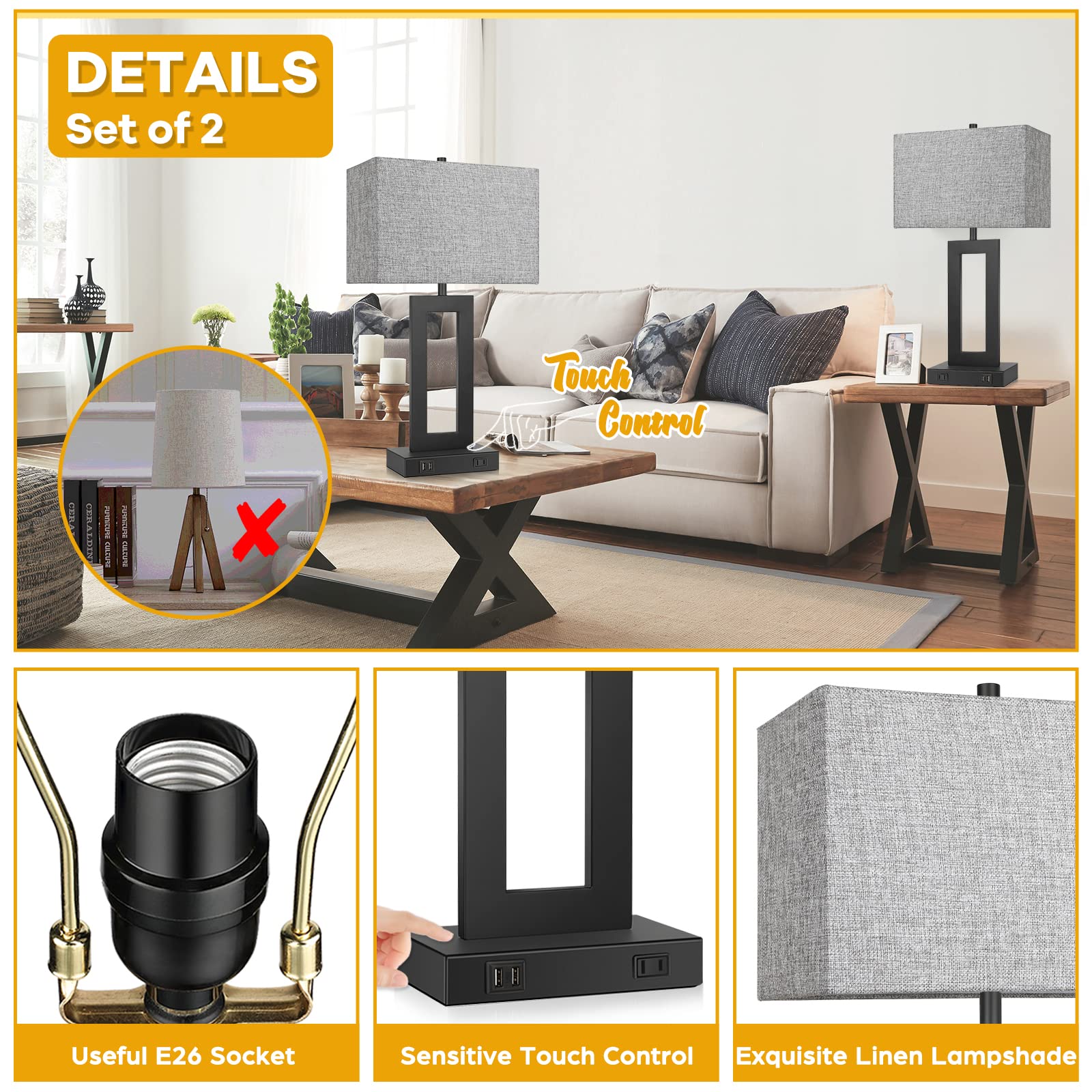 Tobusa 2 Modern Touch Control Table Lamps With Usb Ports, 3-Way Dimmable, Gray Shade, 2 Bul