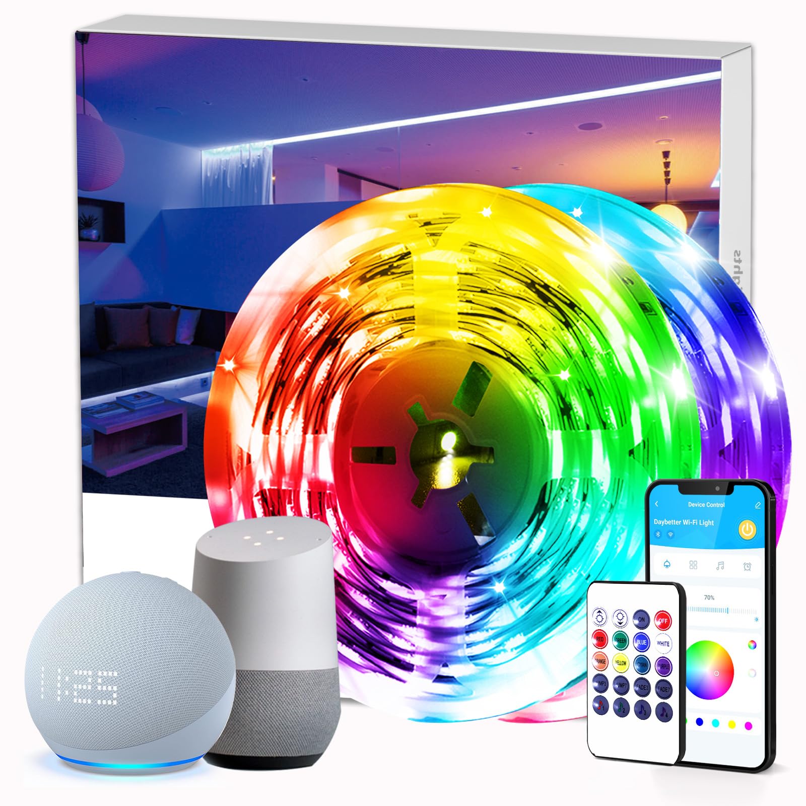 DAYBETTER Smart WiFi Led Lights 100ft - Led Strip Lights Work with Alexa and Google Assistant RGB Strip Lighting Music Sync Colo