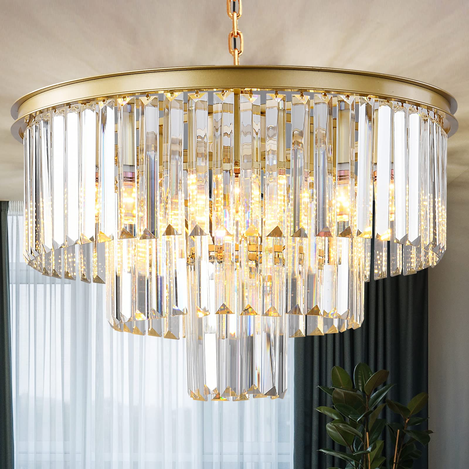 Laiuetai Gold Modern Crystal Chandelier  3-Tier Round Flush Mount Ceiling Light Fixtures Height Adjustable Pendant Lighting For Dining Room Living Room Bedroom Kitchen Hotel Foyer