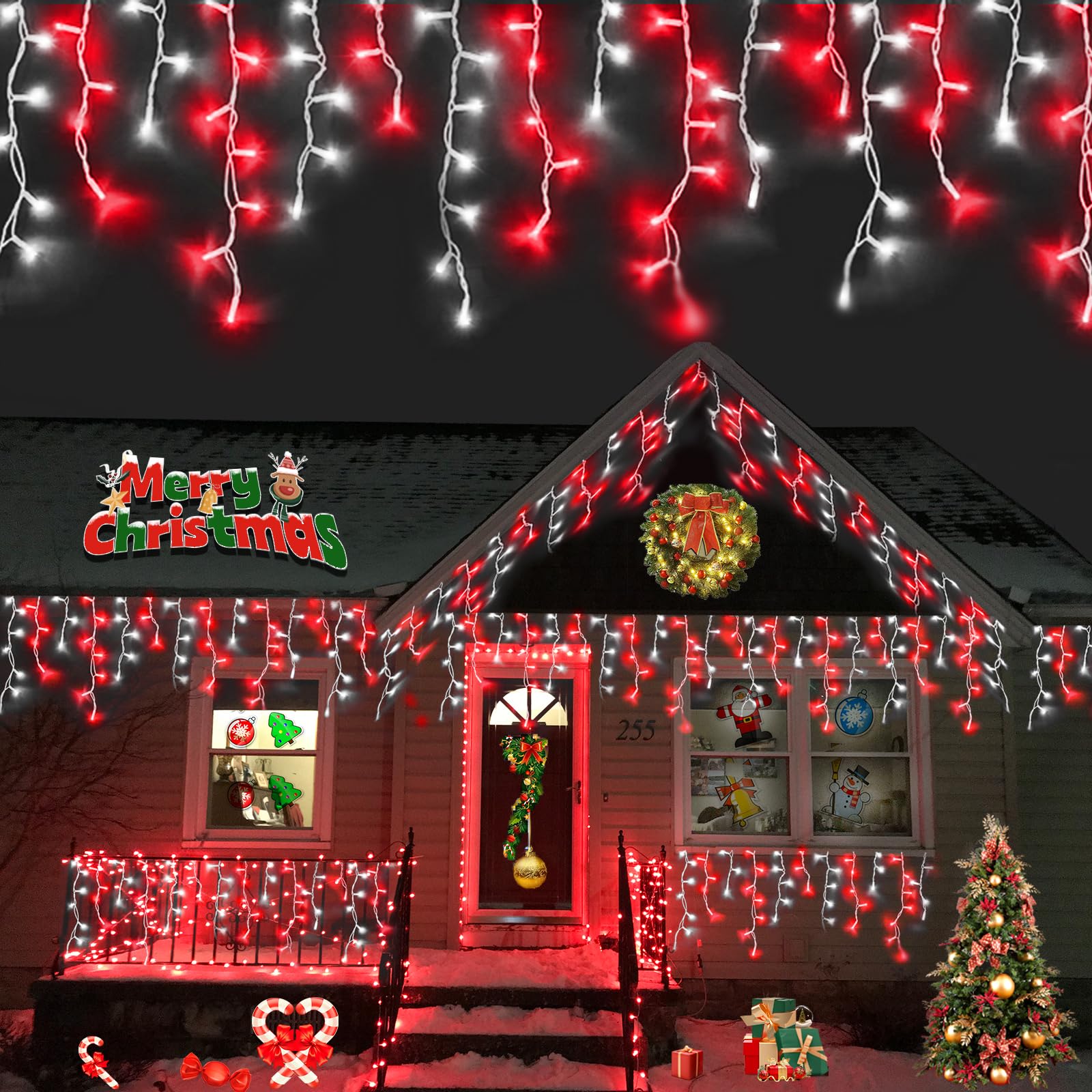 YEGUO 33ft Icicle String Lights, 400 LED, Red and White, Waterproof, 8 Modes, Connectable, Lamp String