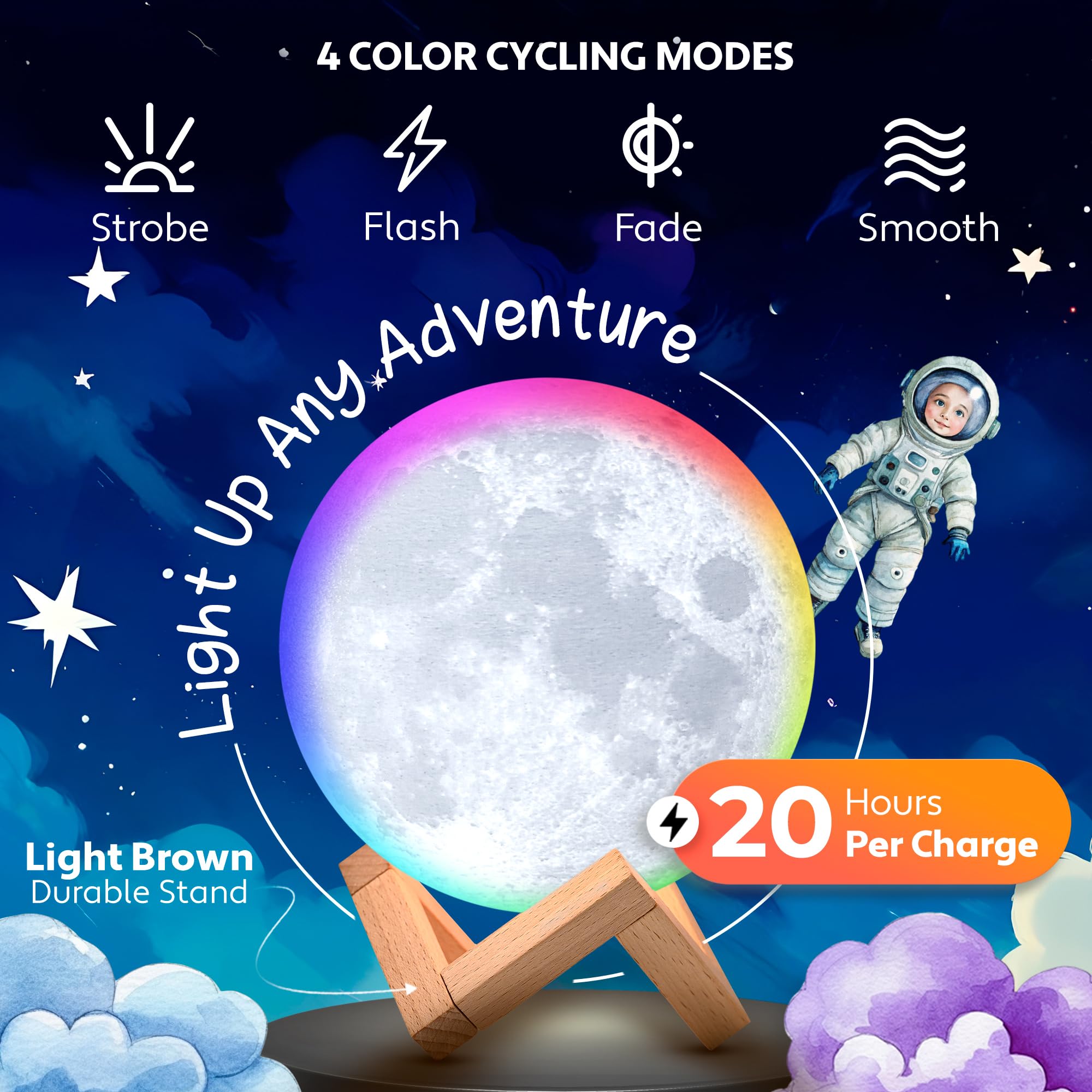 Mind-Glowing 3D Moon Lamp - 4.7 Inch Night Light with Multi Color LED, Touch/Remote Control, Honey Brown Stand, Ideal for Kids' Bedroom