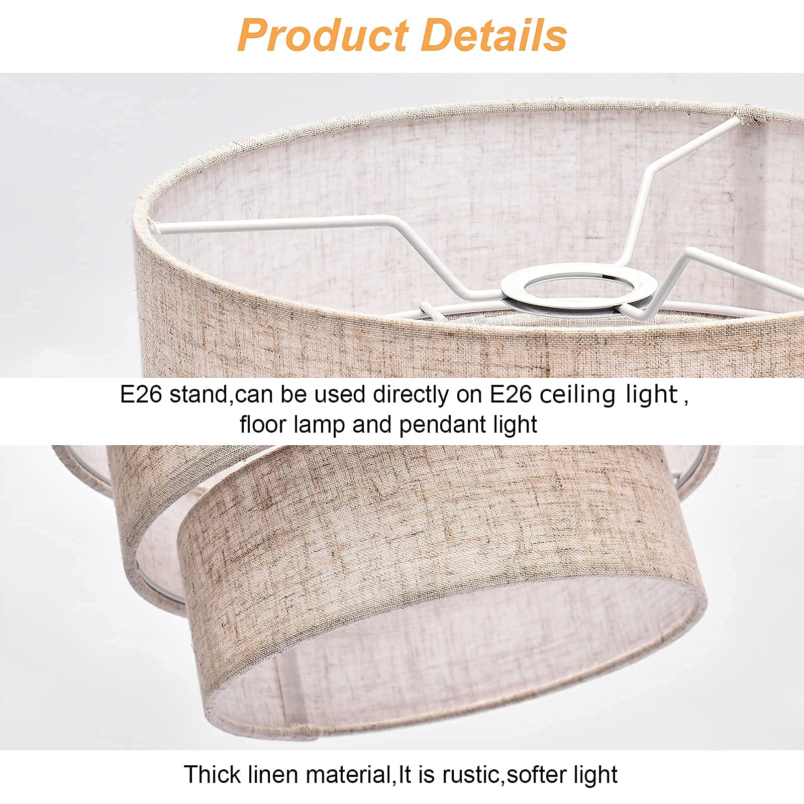 Huoku Brown 3-Tier Drum Lampshade, Handcrafted Natural Linen Replacement For Floor Lamps & Chandeliers