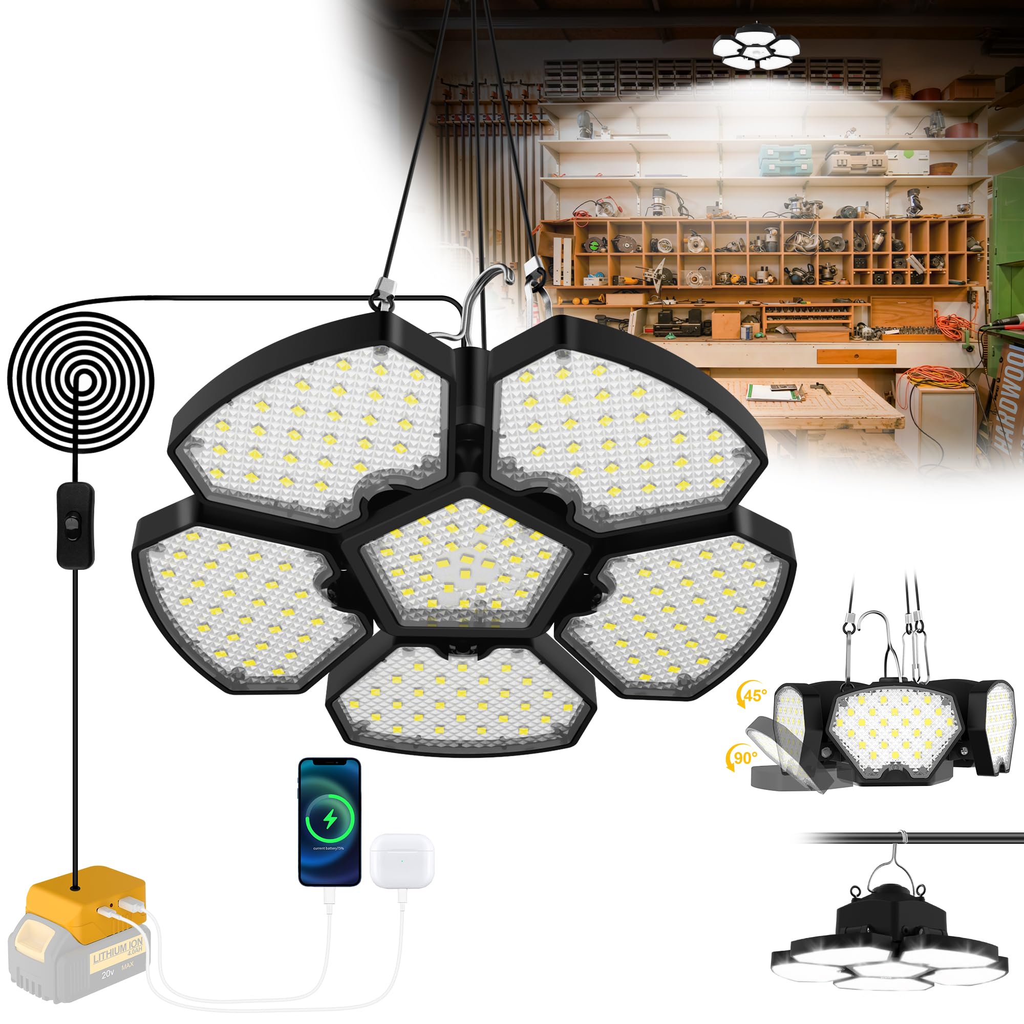 T-SUN LED Work Light for DeWalt 20V Battery, 2 Lighting Modes, Waterproof, Set of 1, Cool White, Model TS-F0450-60-K-DW-