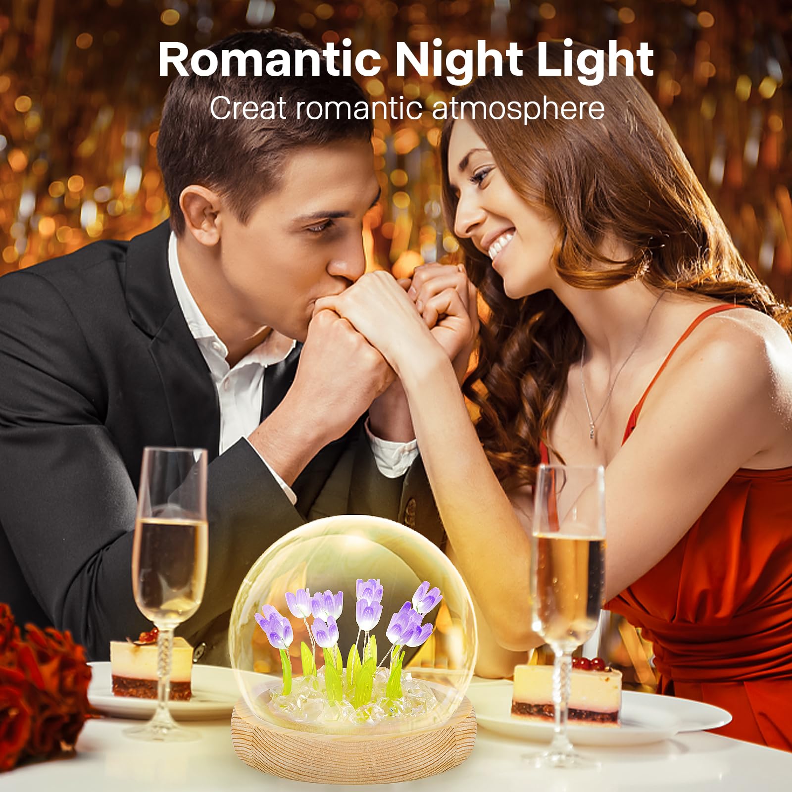 ONXE Glass Flower Night Light Lamp with Wooden Base, Purple Battery Powered Decor for Home, Unique Gift for Mom, Christmas, Birthday