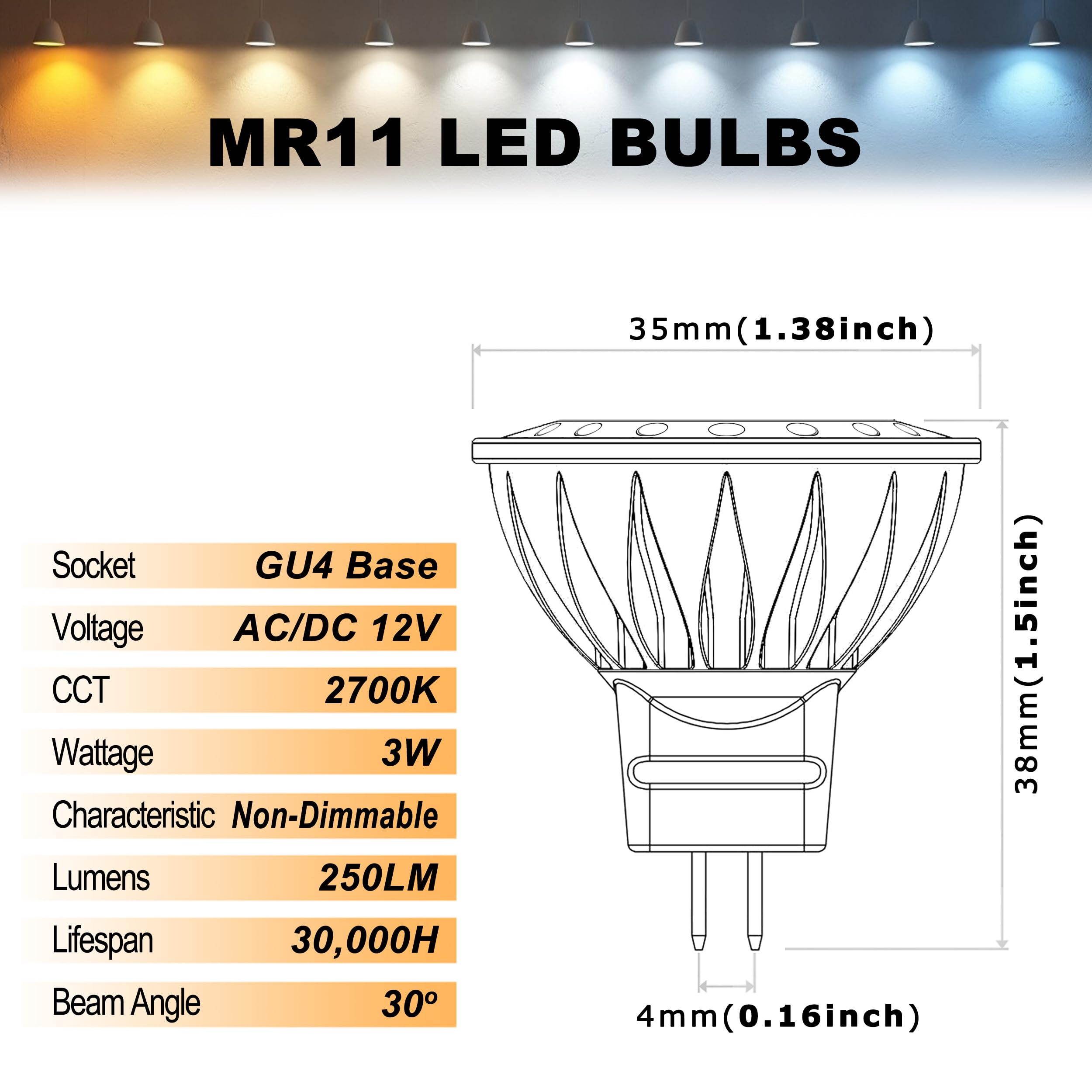 ALIDE MR11 LED Light Bulbs, 12V 20W/35W Replacement, 2700K Warm White, Non-Dimmable, G4/GU4/GZ4 Base