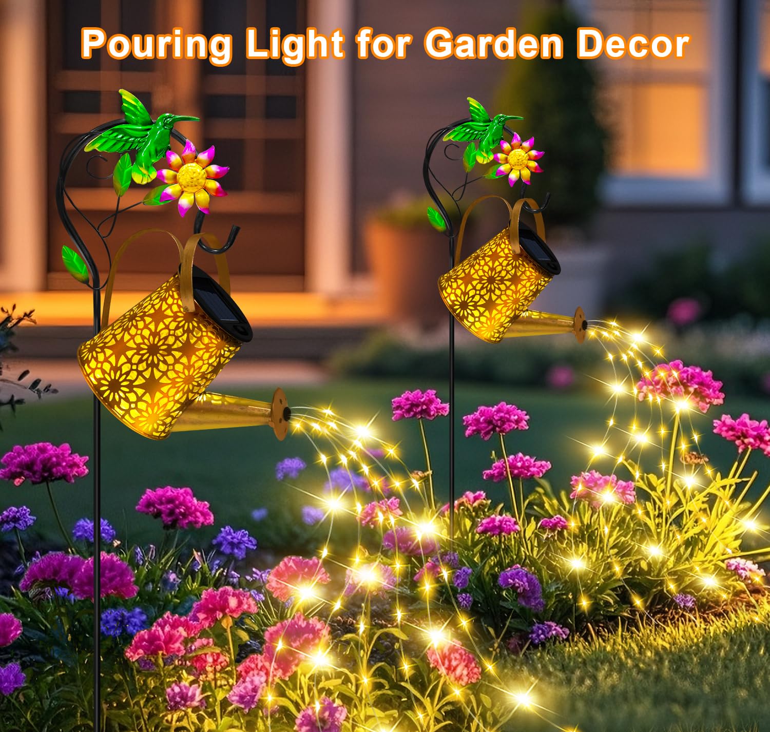 Solar Metal Watering Can With Hummingbrid Shepherd Hook And Cascading Lights - Outdoor Solar Lantern For Garden  Yard  Patio Decor And Gardening Gifts For Women MotherS Day