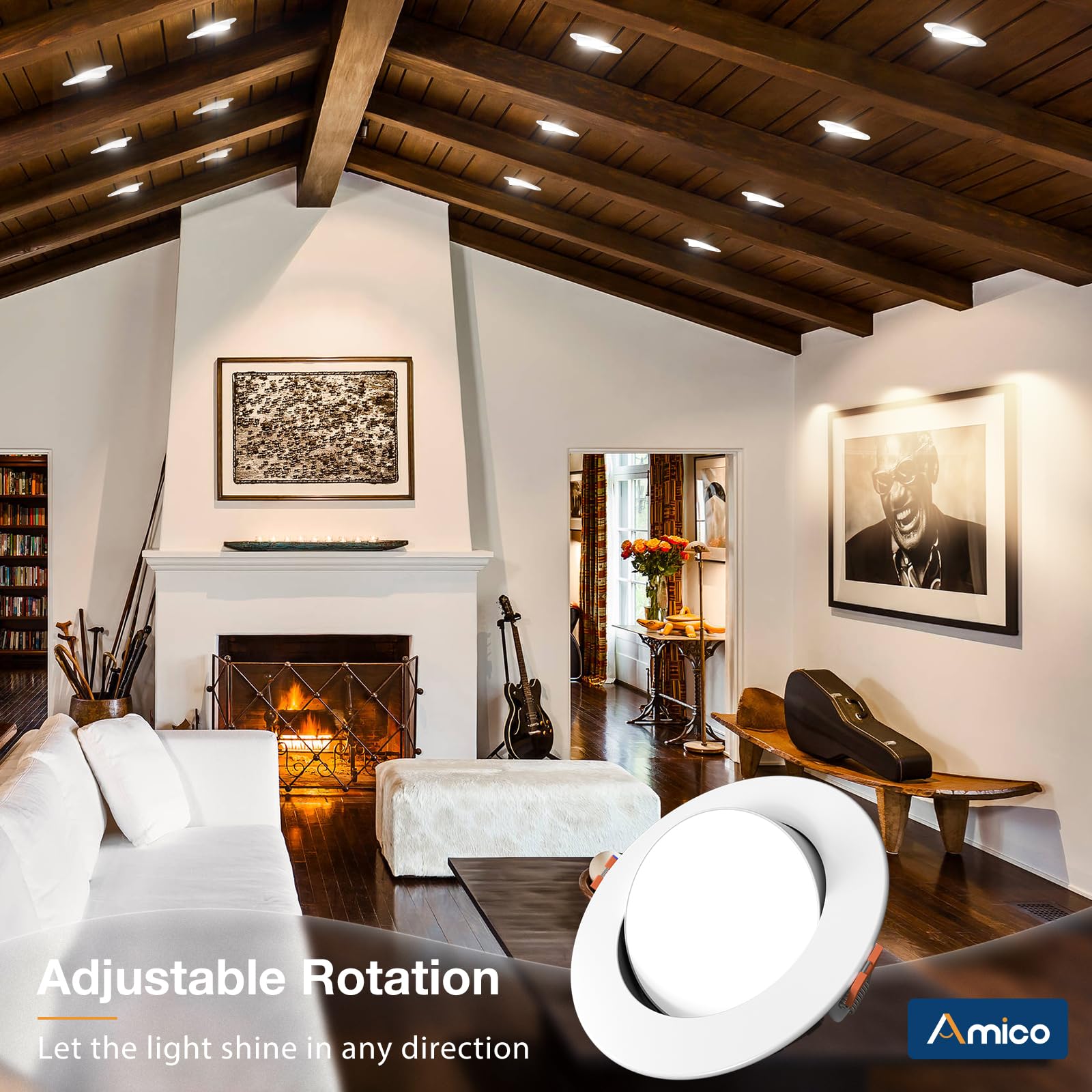 Amico 6 Pack 4 Inch 5Cct Gimbal Led Recessed Lighting, Directional Adjustable Ceiling Downlight, Angled Dimmable Canless Light With Jbox, 2700K-5000K Selectable, 10W=70W 800Lm, Etl&Fcc