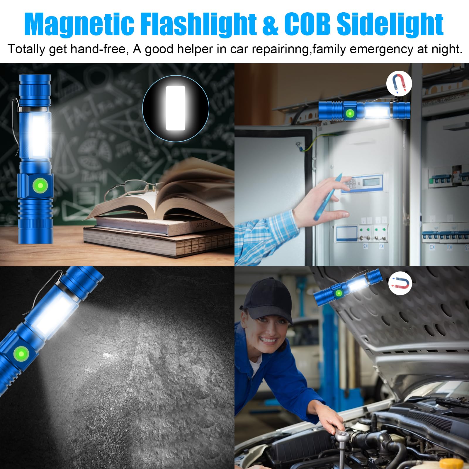 Hoxida USB Rechargeable Magnetic LED Flashlight, 2000LM, Waterproof, Zoomable, Blue, Model 006