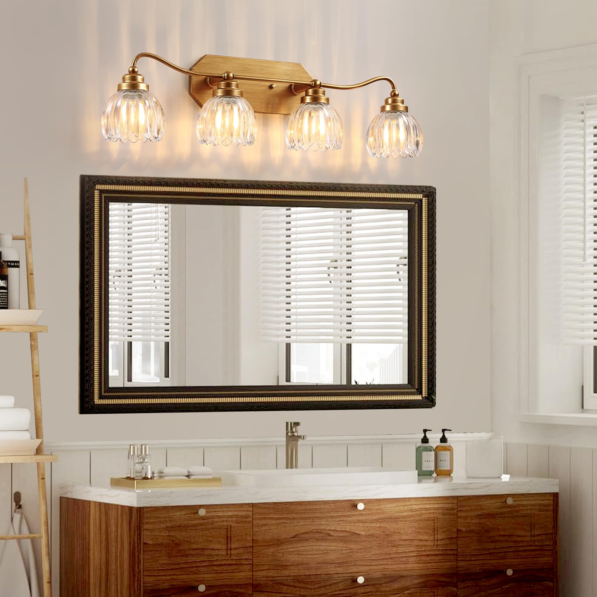 Cmnvmn Vintage Bathroom Light Fixtures  4 Light Gold Bathroom Vanity Light  Matte Antique Brass Finish With Crystal Glass Shade  Wall Sconces Lighting For Bedroom  Living Room  Hallway