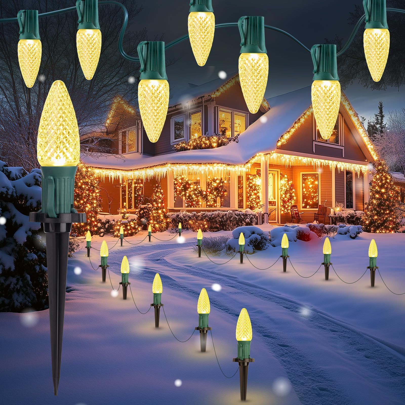 Brightown C9 Christmas Lights Outdoor, 25.7 Ft Strawberry C9 Pathway Lights with 20 LED Bulbs and Stakes, Christmas Decorations 