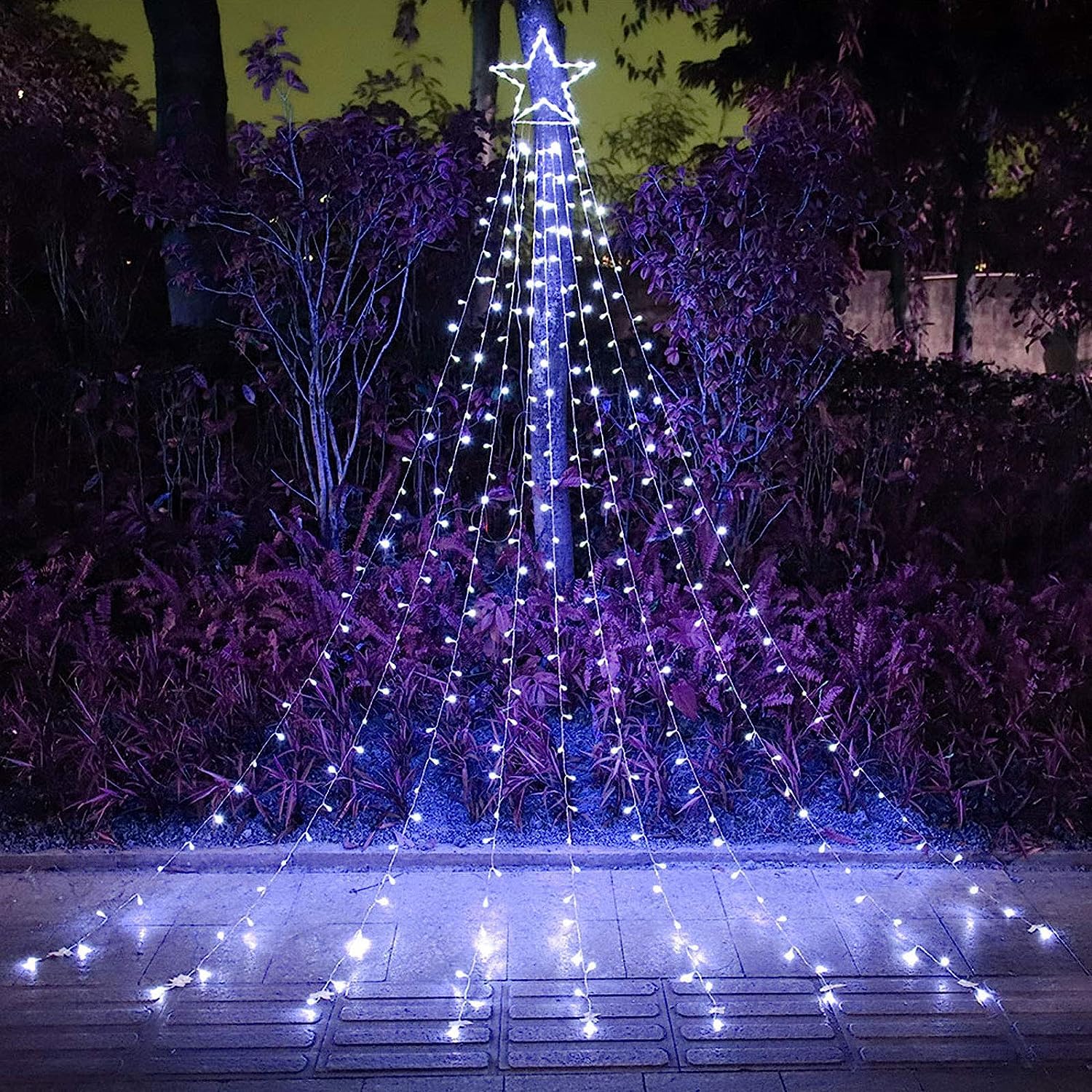 cerflyer Christmas String Lights 320 LED 11.5 Ft Iron-Cool White Waterfall Tree Lights with Star Topper, Model YLS1000WD01