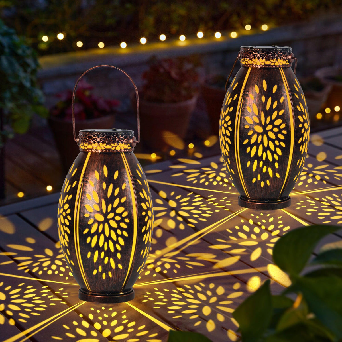 pearlstar 2 Pack Solar Lanterns Hanging Light Outdoor Waterproof Decorative Metal Solar Lamp for Table Garden Yard Patio Pathway