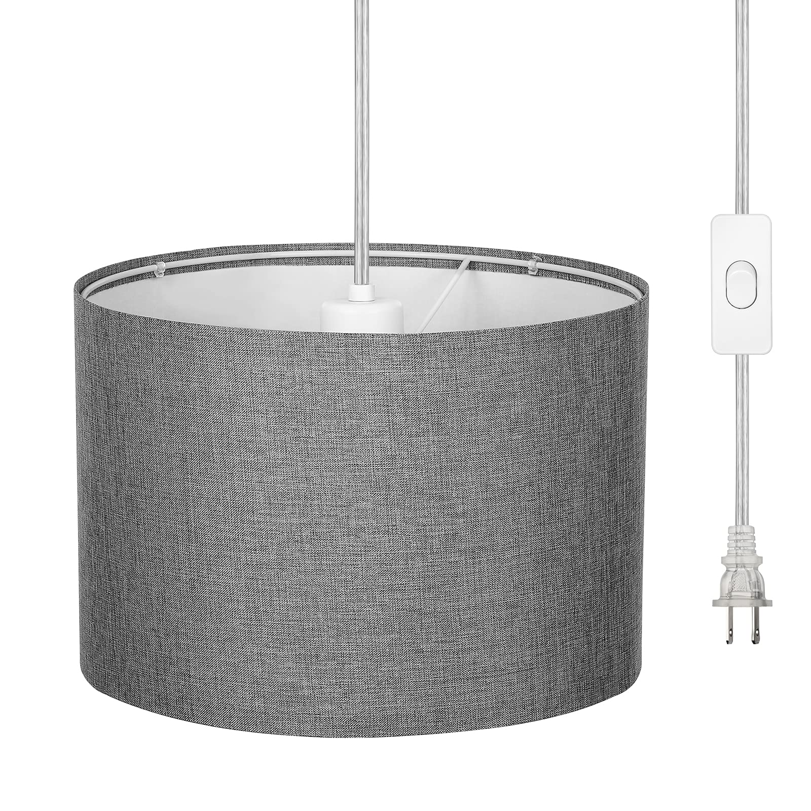 DEWENWILS Plug in Wall Light, Hanging Lamp with 15ft Clear Cord, On/Off Switch, Gray Fabric Lampshade, Hanging Light Fixtures fo
