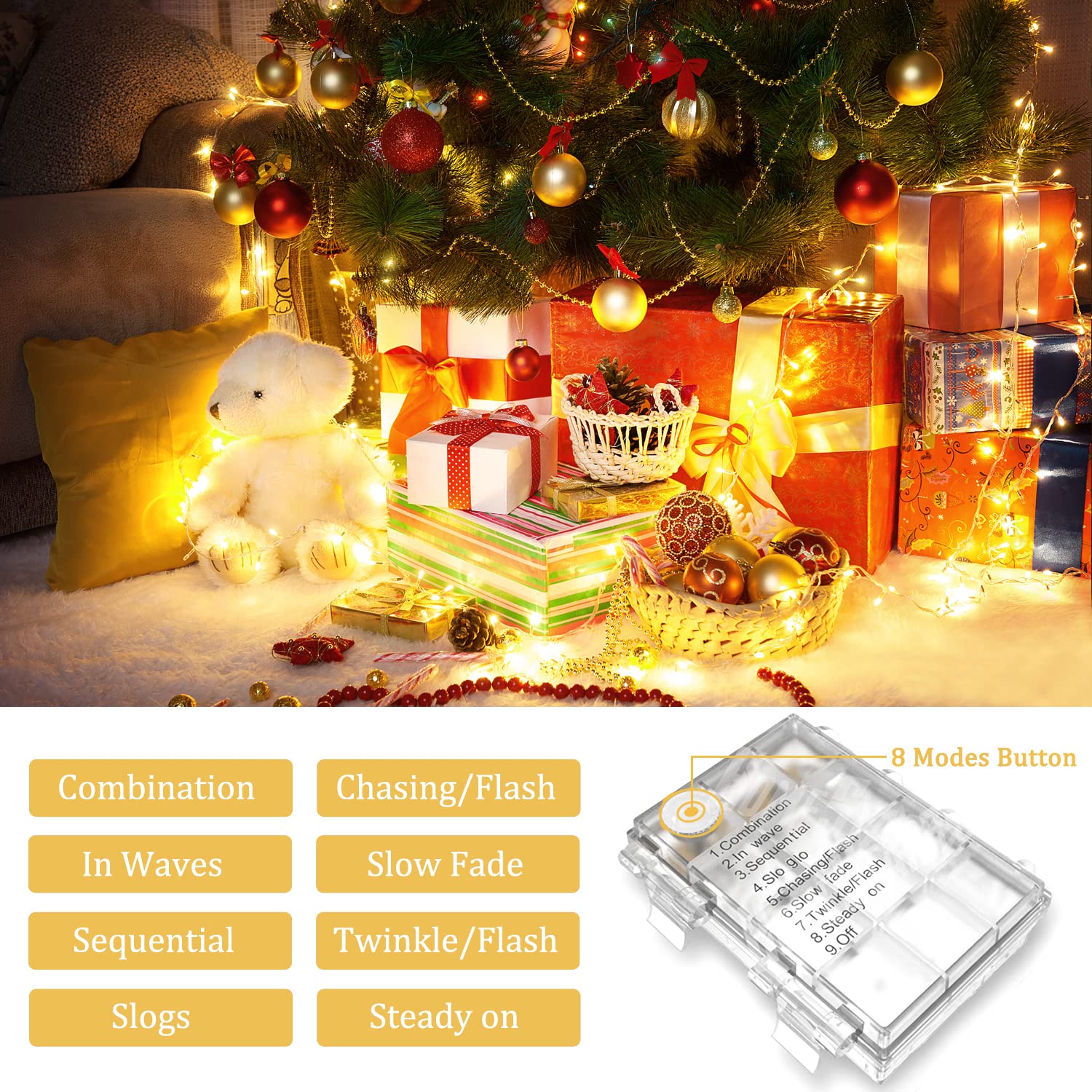 Jmexsuss 33Ft 100 Led Warm White Battery-Powered String Lights, Waterproof Twinkle Fairy Lights With 8 Modes For Indoor/Outdoor Use