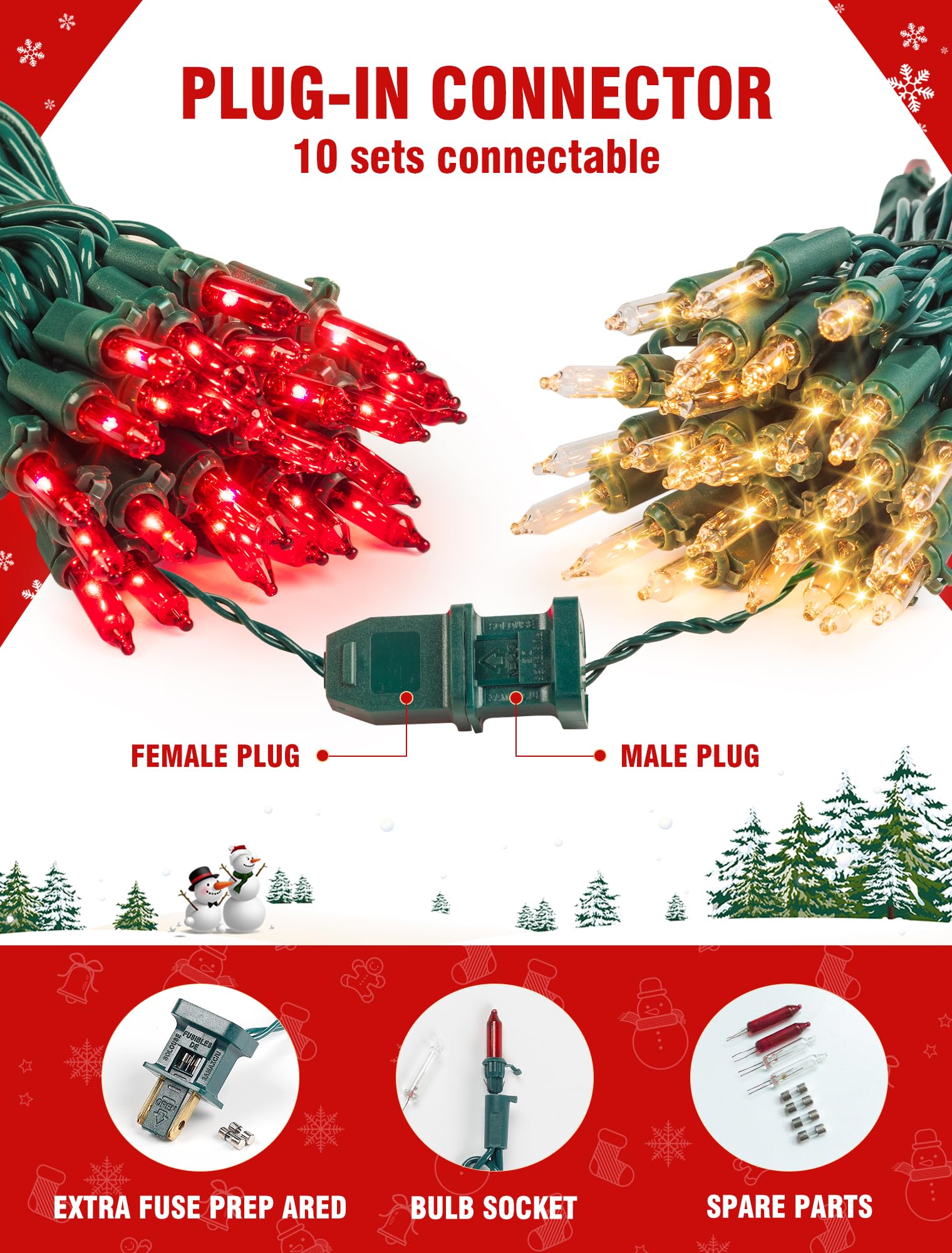 Hopolon Christmas String Lights, 50 Count, 13FT Connectable Mini Lights, Red and Warm White, Waterproof, Incandescent, Model QX-50-1-M