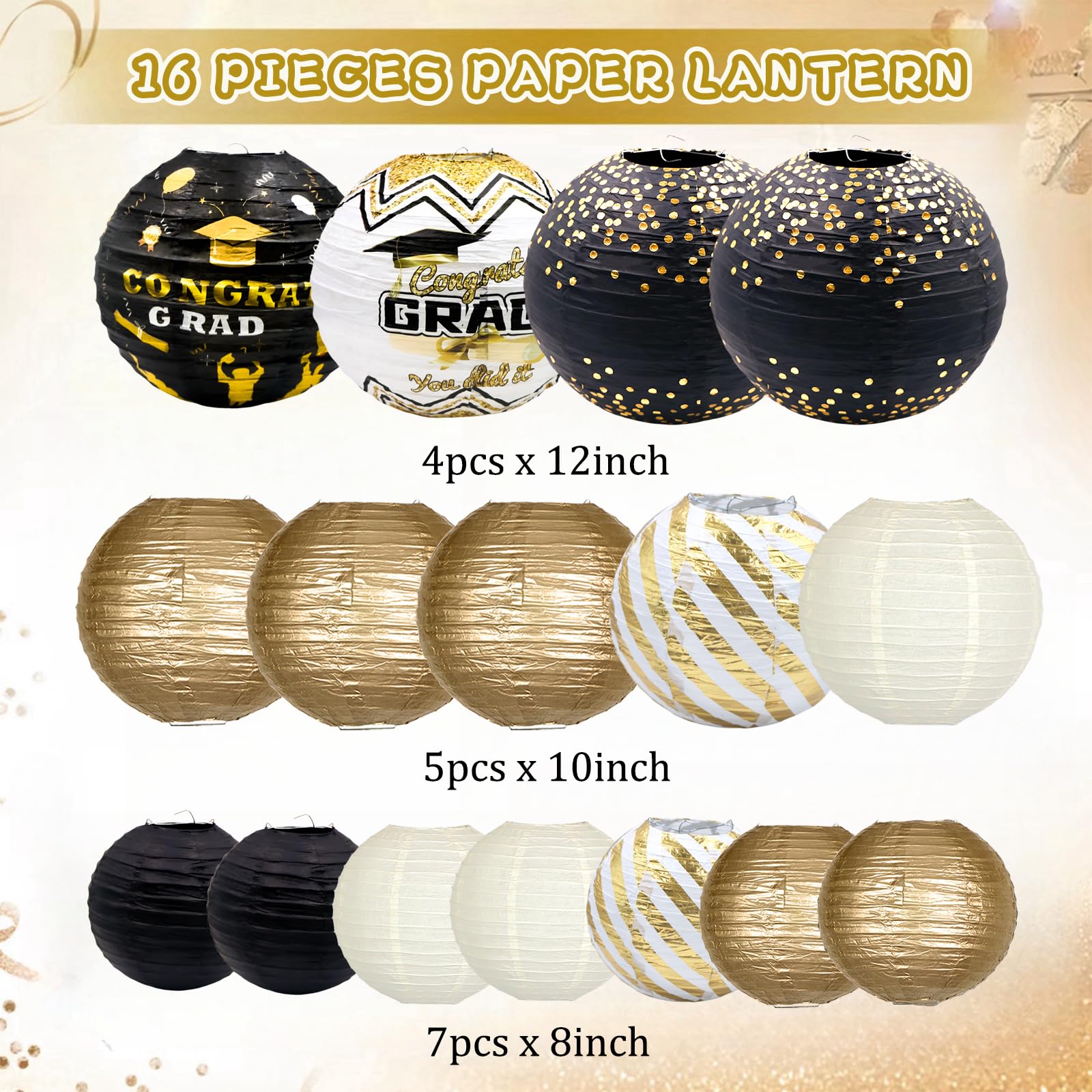 Adlkgg Graduation Paper Lanterns Party Decorations, Black And Gold Hanging Paper Lanterns For Class Of 2025 Decorations, Congrat