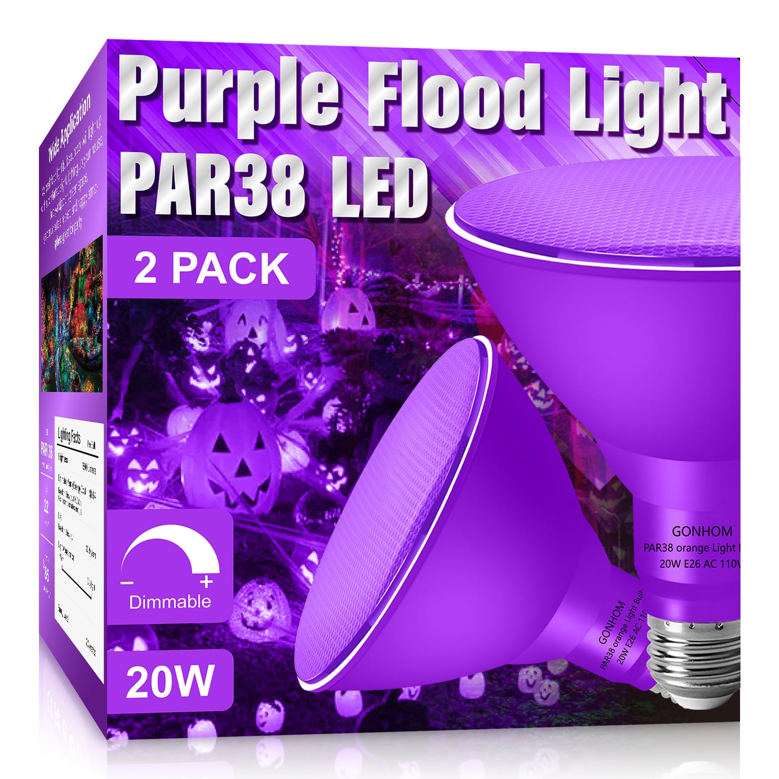 Gonhom 2 Pack Par38 Purple Flood Lights, Dimmable 20W Outdoor Halloween & Party Decor
