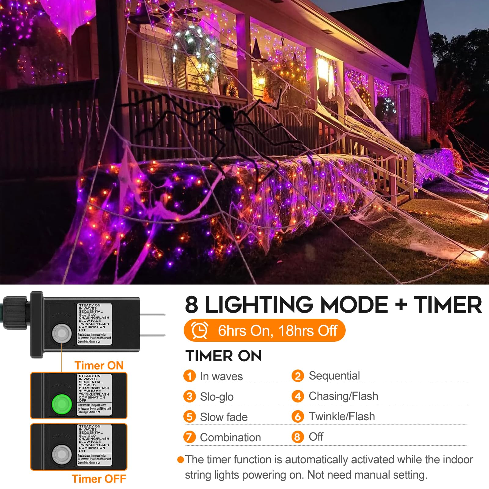 Fairyglim Halloween String Lights Plug In,66Ft 200 Led String Lights With 8 Modes & Timer, Halloween Orange Lights Decorations F