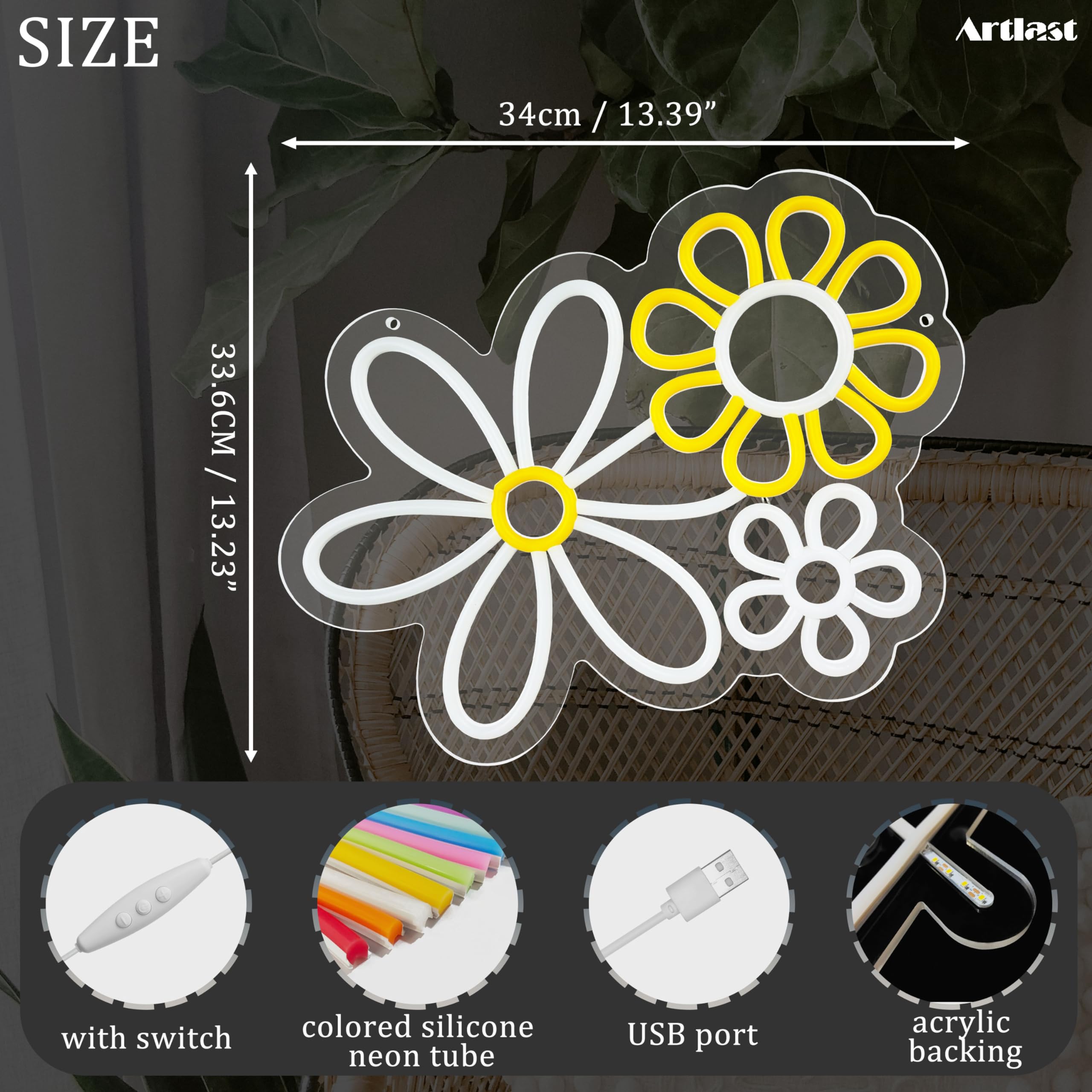 Artlast Neon Sign, Boho Flower LED Wall Decor, 13.39x13.23 inches, Cool White+Warm White+Yellow, Acrylic