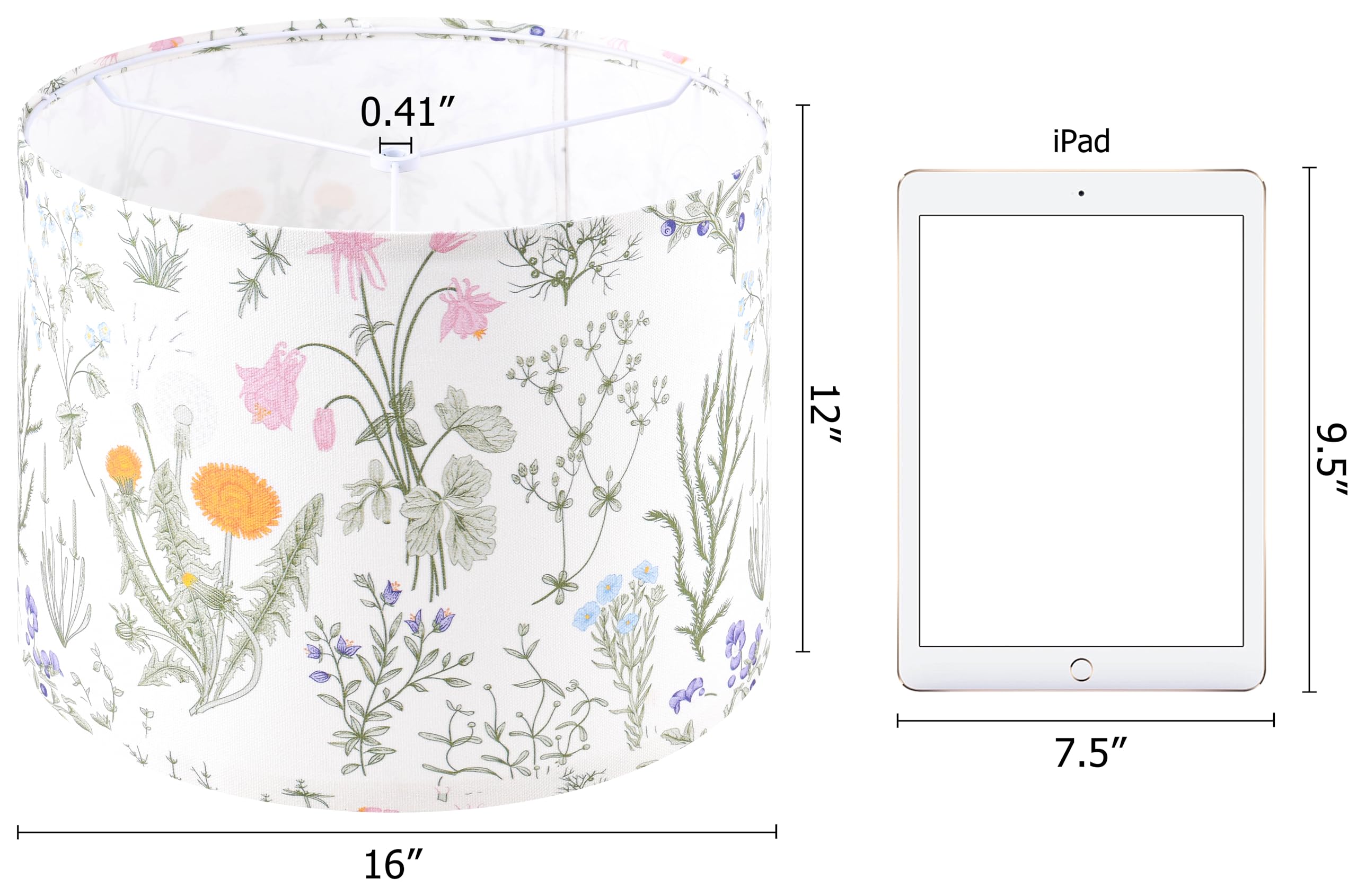 Set Of 2 Large Drum Lampshades Floral Printed Lamp Shades - 16'' X 16'' X 12'' - Ideal For Table & Floor Lamps Natural Linen- Ha