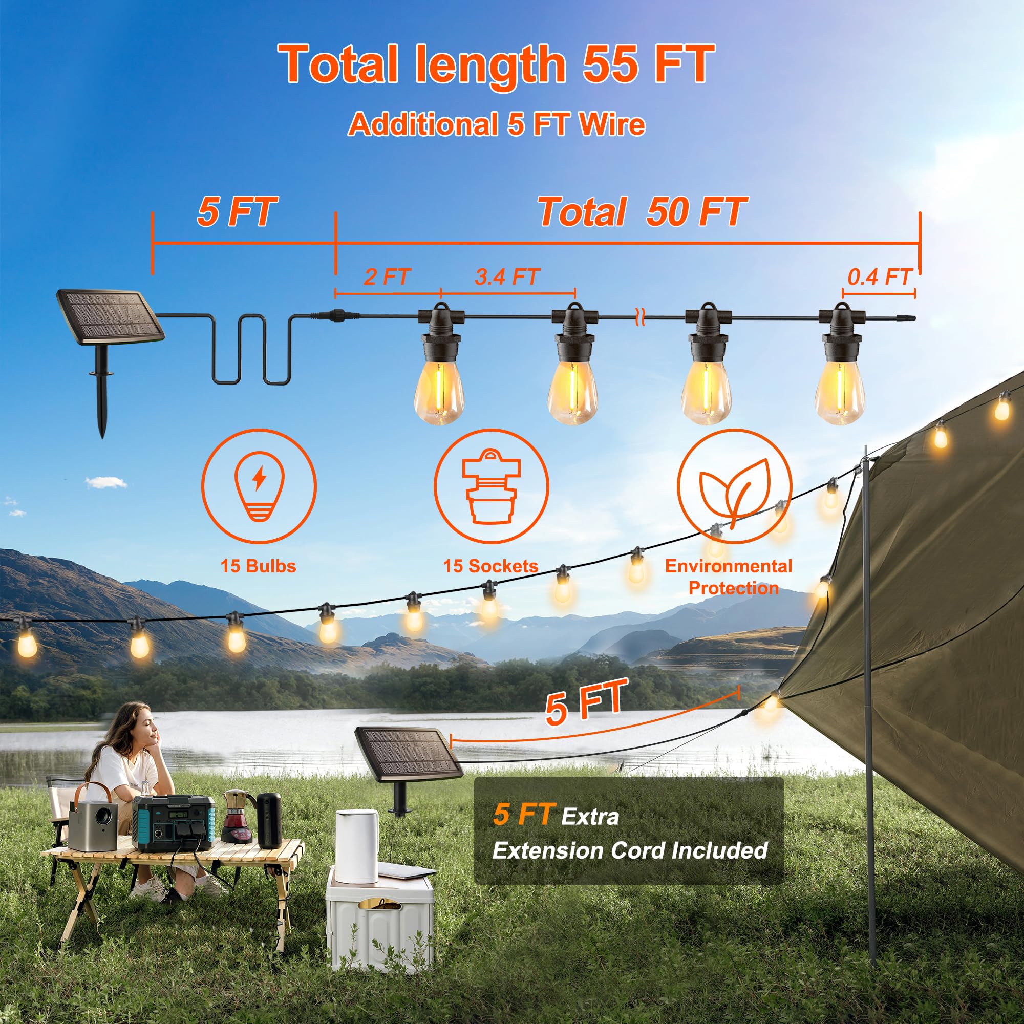 Stright Solar String Lights 55FT 15 Sockets Waterproof Warm White E12 S14 Bulbs Remote Control with USB Charging Port