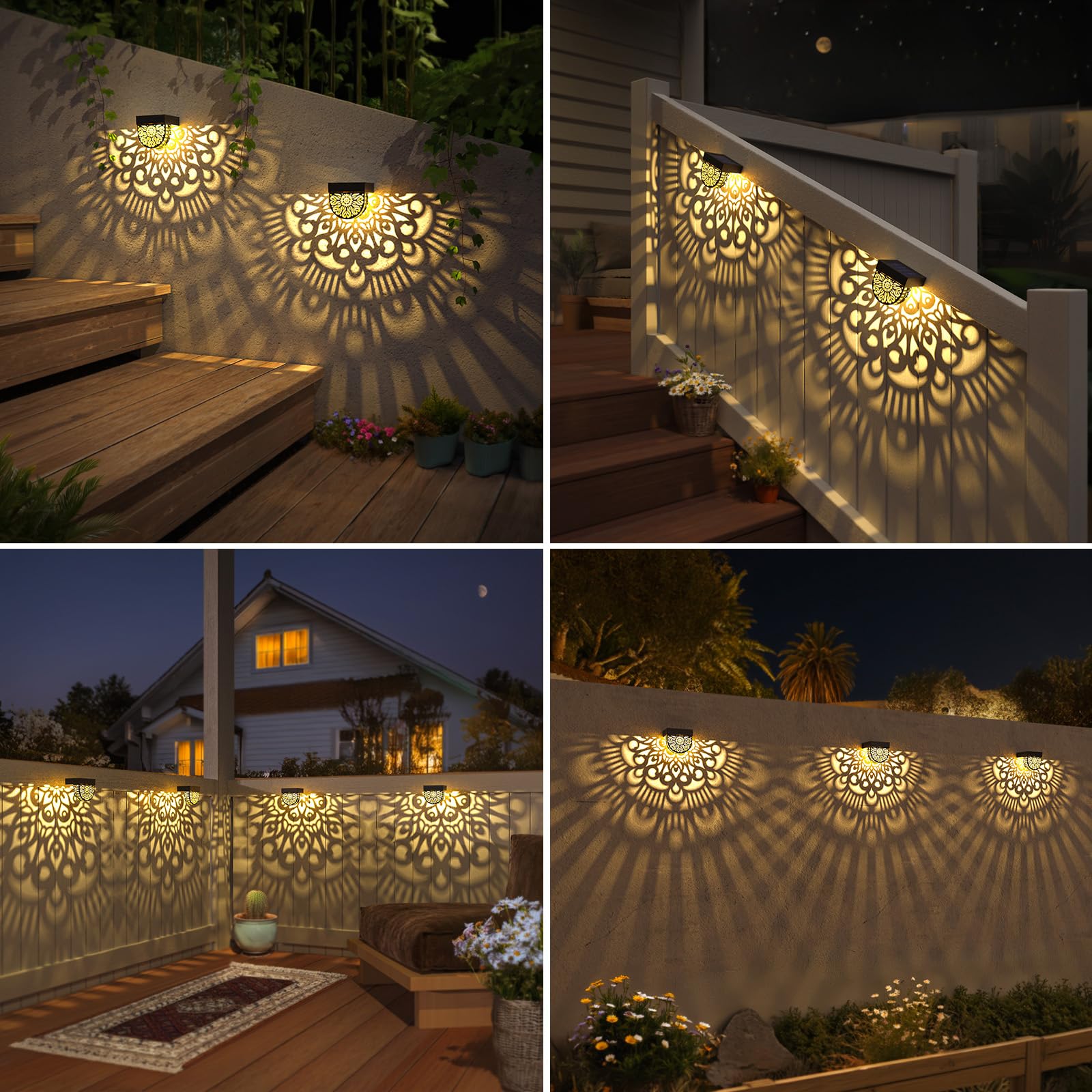 EKQ Solar Fence Lights, Waterproof Plastic Outdoor Wall Lights, 6 Pack, Black, Moon Theme for Garden, Deck, Patio, Backyard Decor